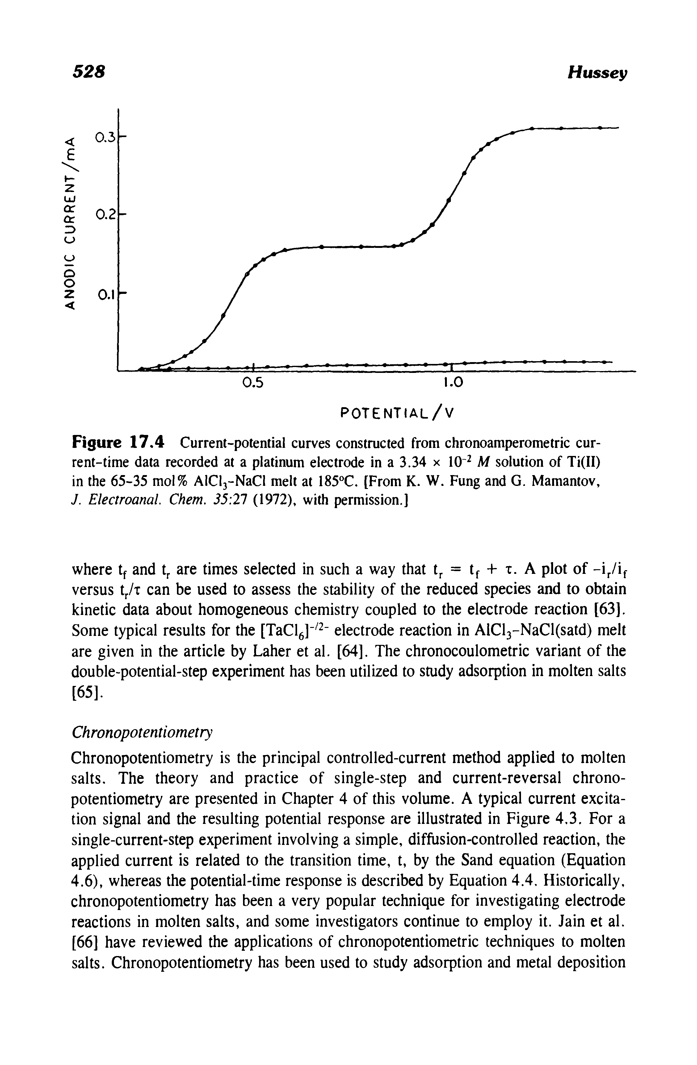 Figure 17.4 Current-potential curves constructed from chronoamperometric current-time data recorded at a platinum electrode in a 3.34 x 10 2 M solution of Ti(II) in the 65-35 mol% AlCl3-NaCl melt at 185°C. [From K. W. Fung and G. Mamantov, J. Electroanal. Chem. 35 21 (1972), with permission.]...