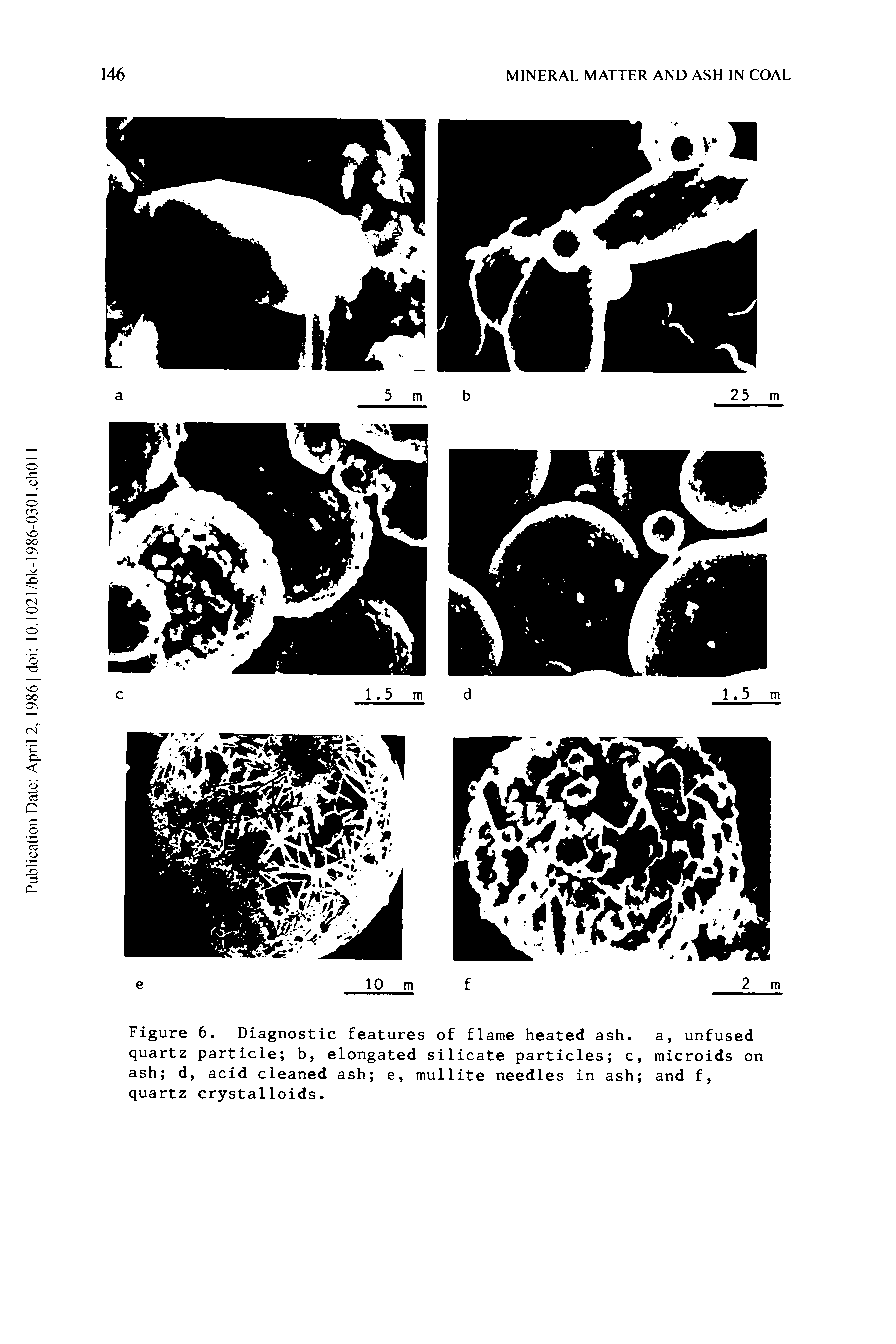 Figure 6. Diagnostic features of flame heated ash. a, unfused quartz particle b, elongated silicate particles c, microids on ash d, acid cleaned ash e, mullite needles in ash and f, quartz crystalloids.