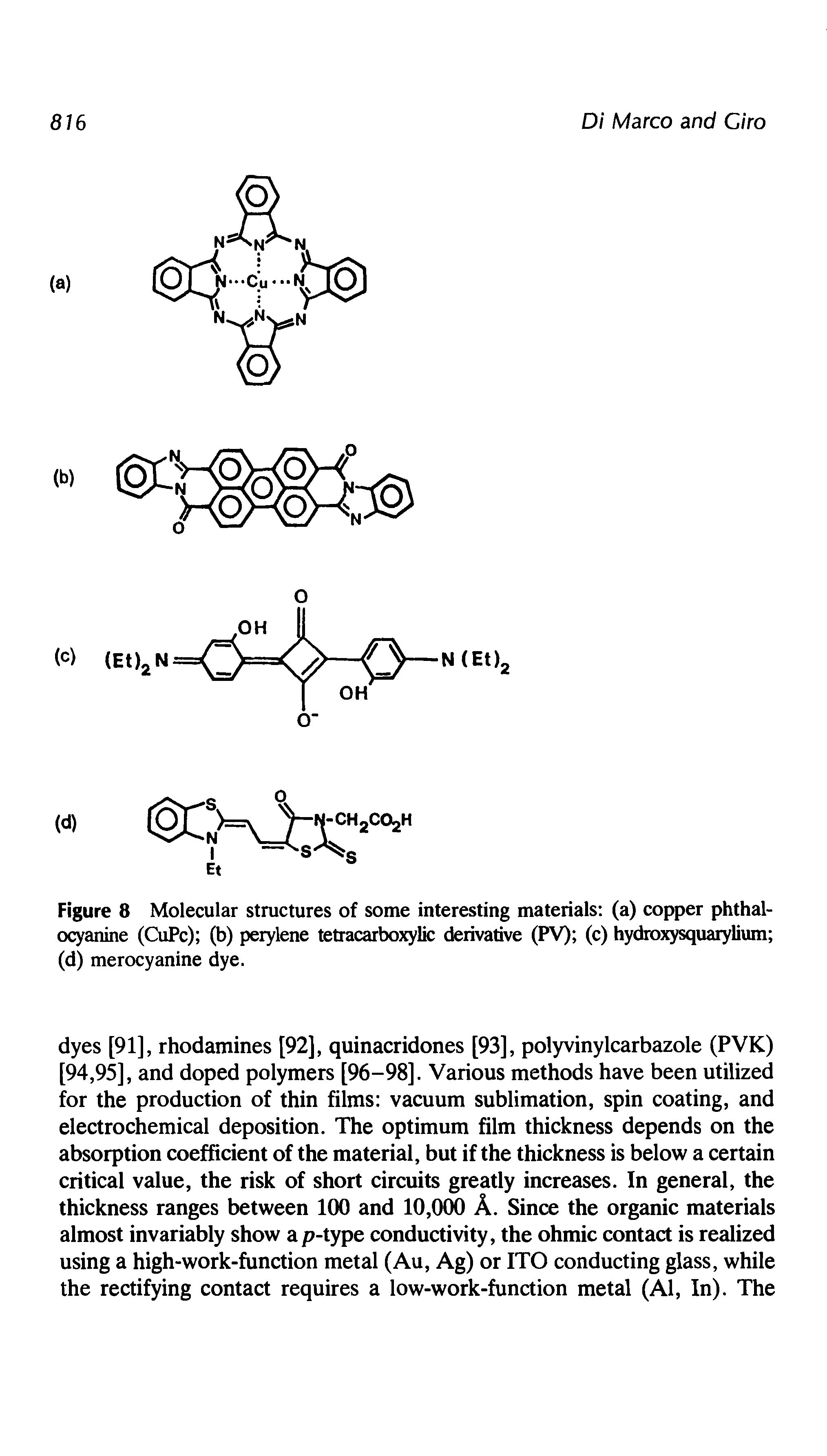 Figure 8 Molecular structures of some interesting materials (a) copper phthal-ocyanine (CuPc) (b) perylene tetracarboxylic derivative (PV) (c) hydroxysquarylium (d) merocyanine dye.