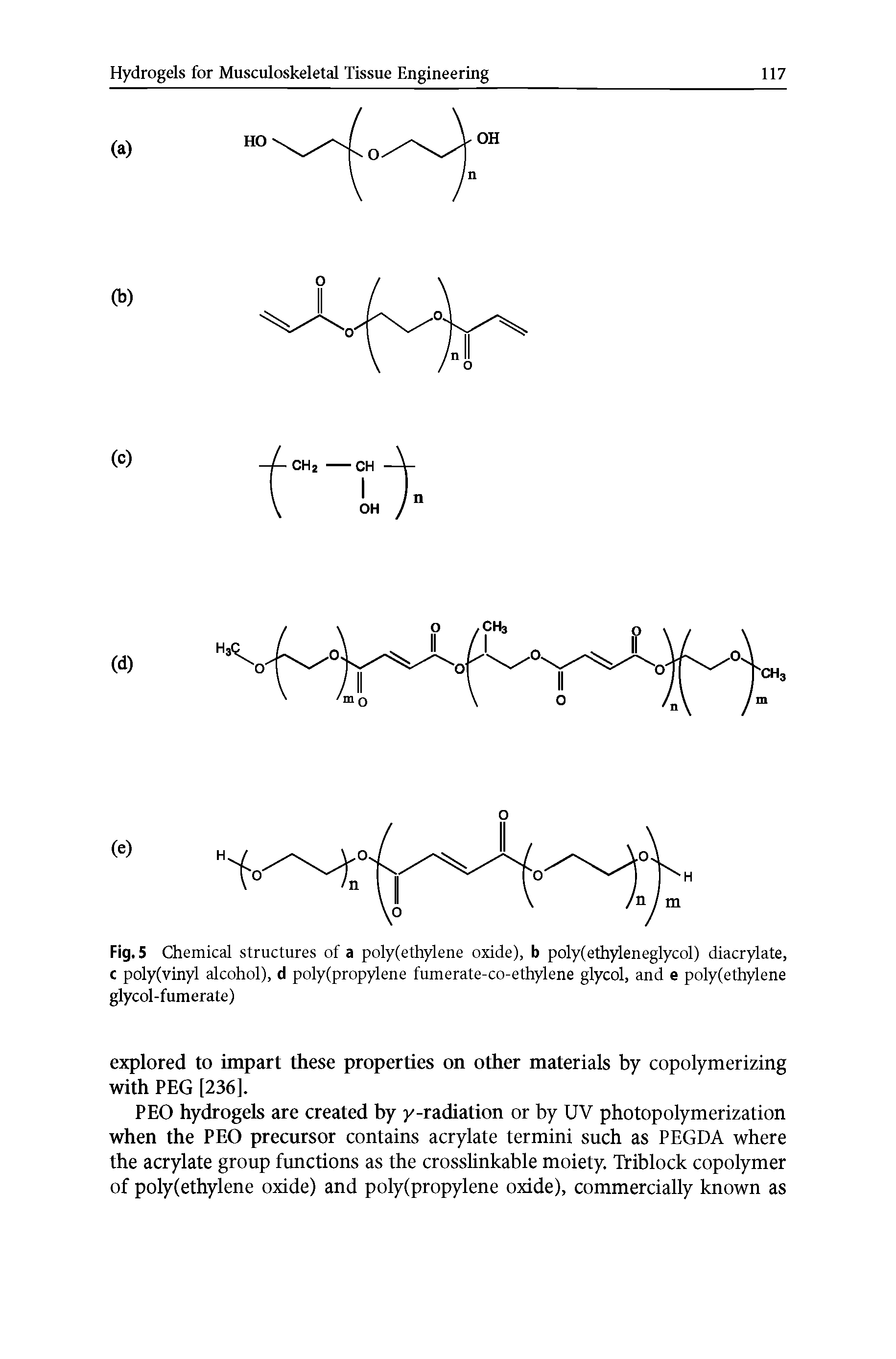 Fig. 5 Chemical structtues of a polyfethylene oxide), b poly(ethyleneglycol) diacrylate, c poly(vinyl alcohol), d polyfpropylene fiunerate-co-ethylene glycol, and e polyfethylene glycol-fumerate)...