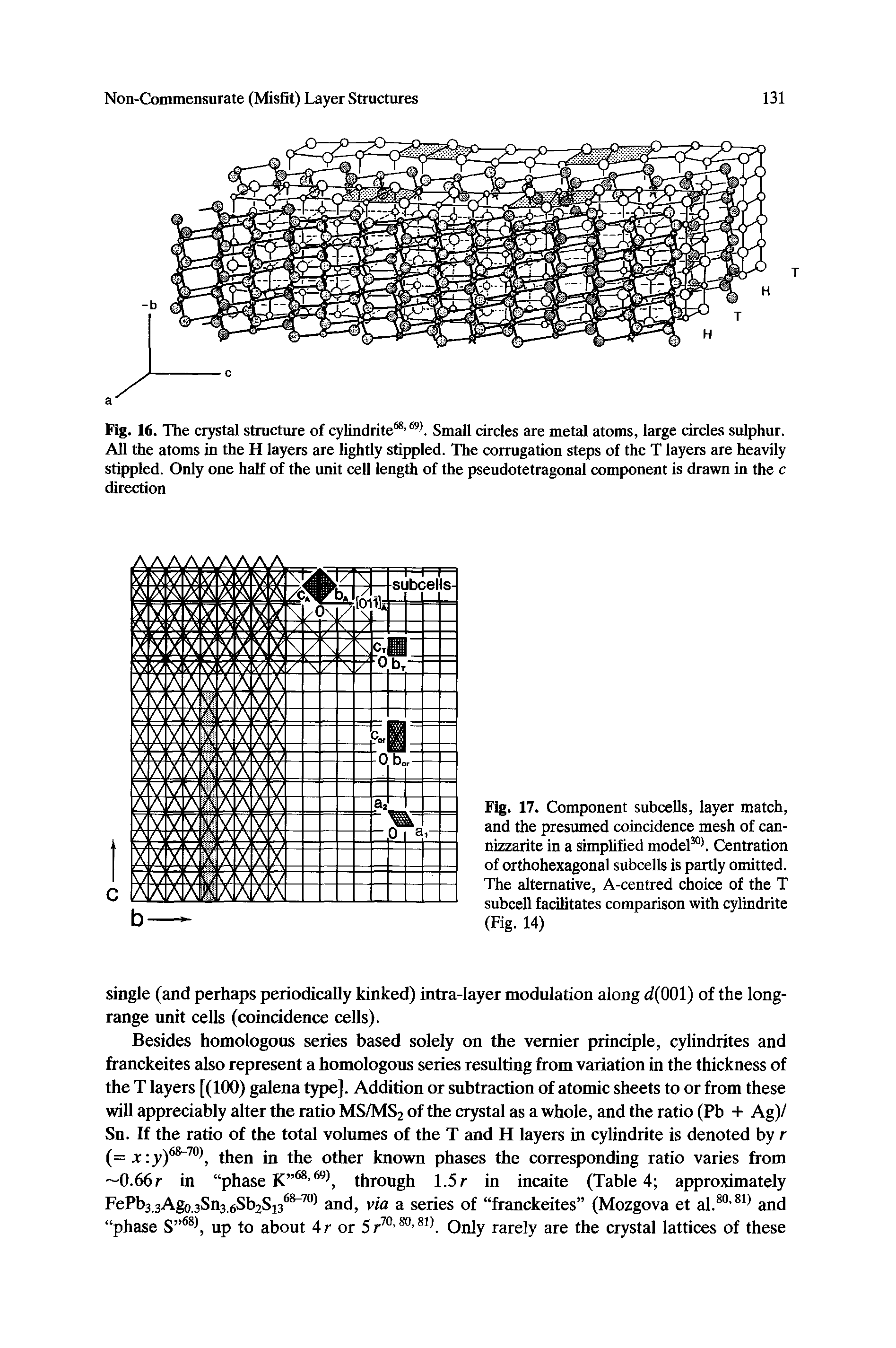 Fig. 17. Component subceUs, layer match, and the presumed coincidence mesh of can-nizzarite in a simplified model Centration of orthohexagonal subcells is partly omitted. The alternative, A-centred choice of the T subcell facilitates comparison with cylindrite (Fig. 14)...