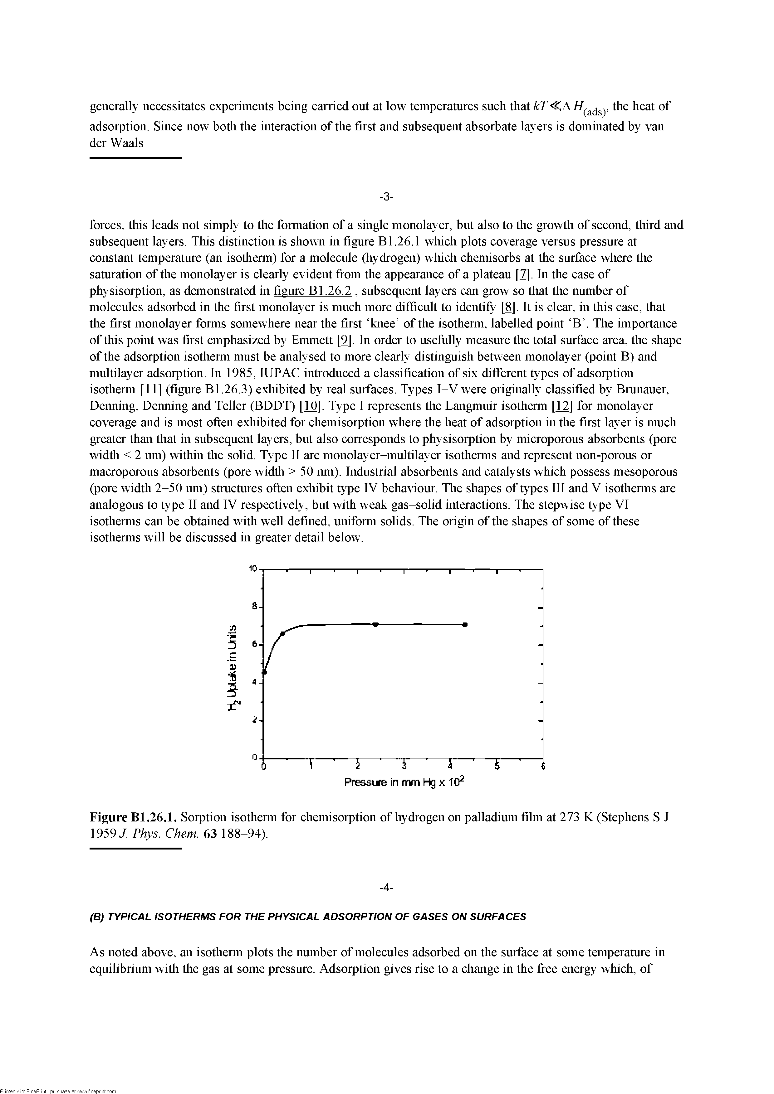 Figure Bl.26.1. Sorption isothemi for chemisorption of hydrogen on palladium film at 273 K (Stephens S J 19597. Phys. Chem.. 63 188-94).