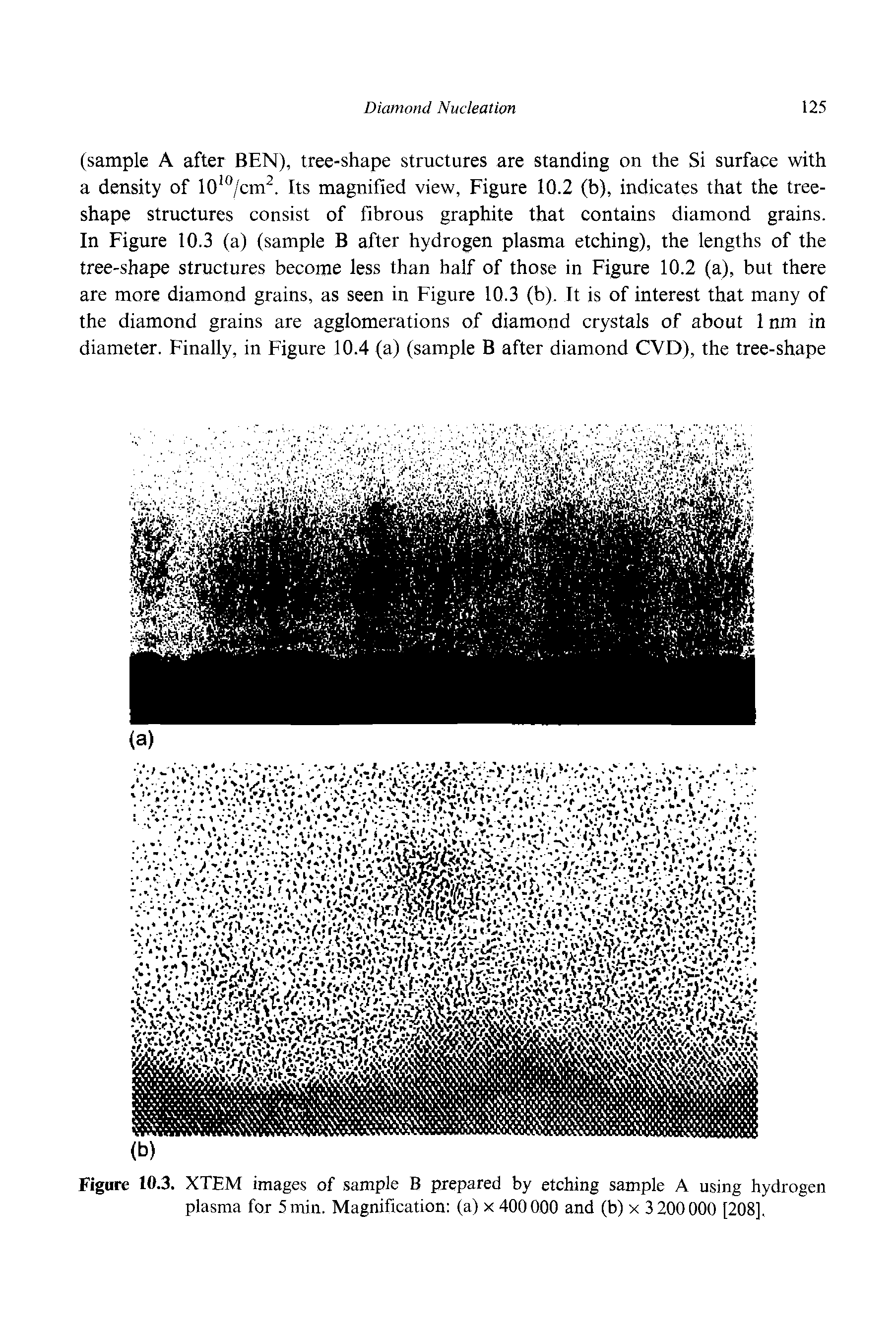 Figure 10.3. XTEM images of sample B prepared by etching sample A using hydrogen plasma for 5 min. Magnification (a) x 400000 and (b) x 3200000 [208].