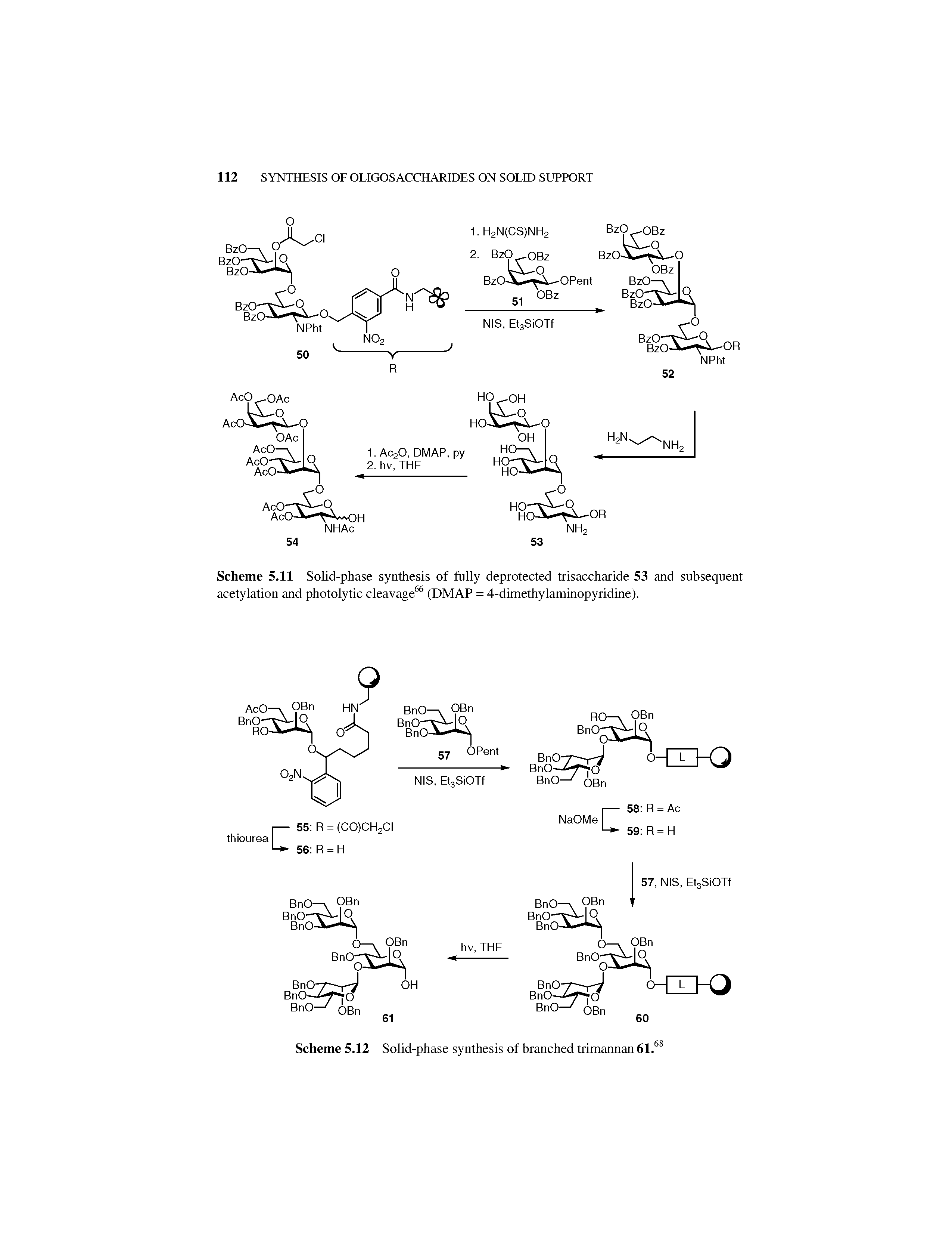 Scheme 5.11 Solid-phase synthesis of fully deprotected trisaccharide 53 and subsequent acetylation and photolytic cleavage66 (DMAP = 4-dimethylaminopyridine).