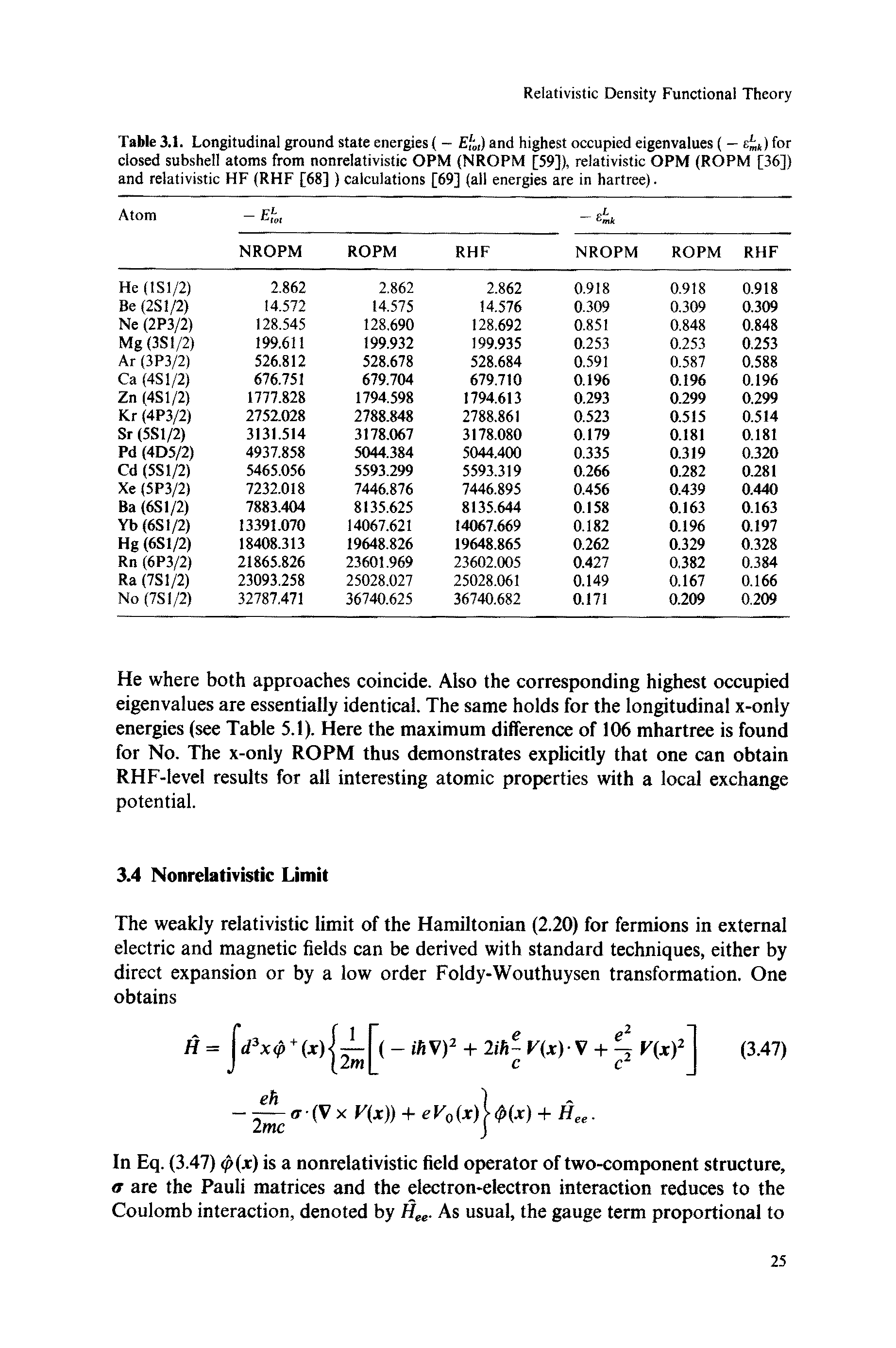 Table 3.1. Longitudinal ground state energies ( - / ,) and highest occupied eigenvalues ( — iu) for closed subshell atoms from nonrelativistic OPM (NROPM [59]), relativistic OPM (ROPM [36]) and relativistic HF (RHF [58] ) calculations [69] (all energies are in hartree).