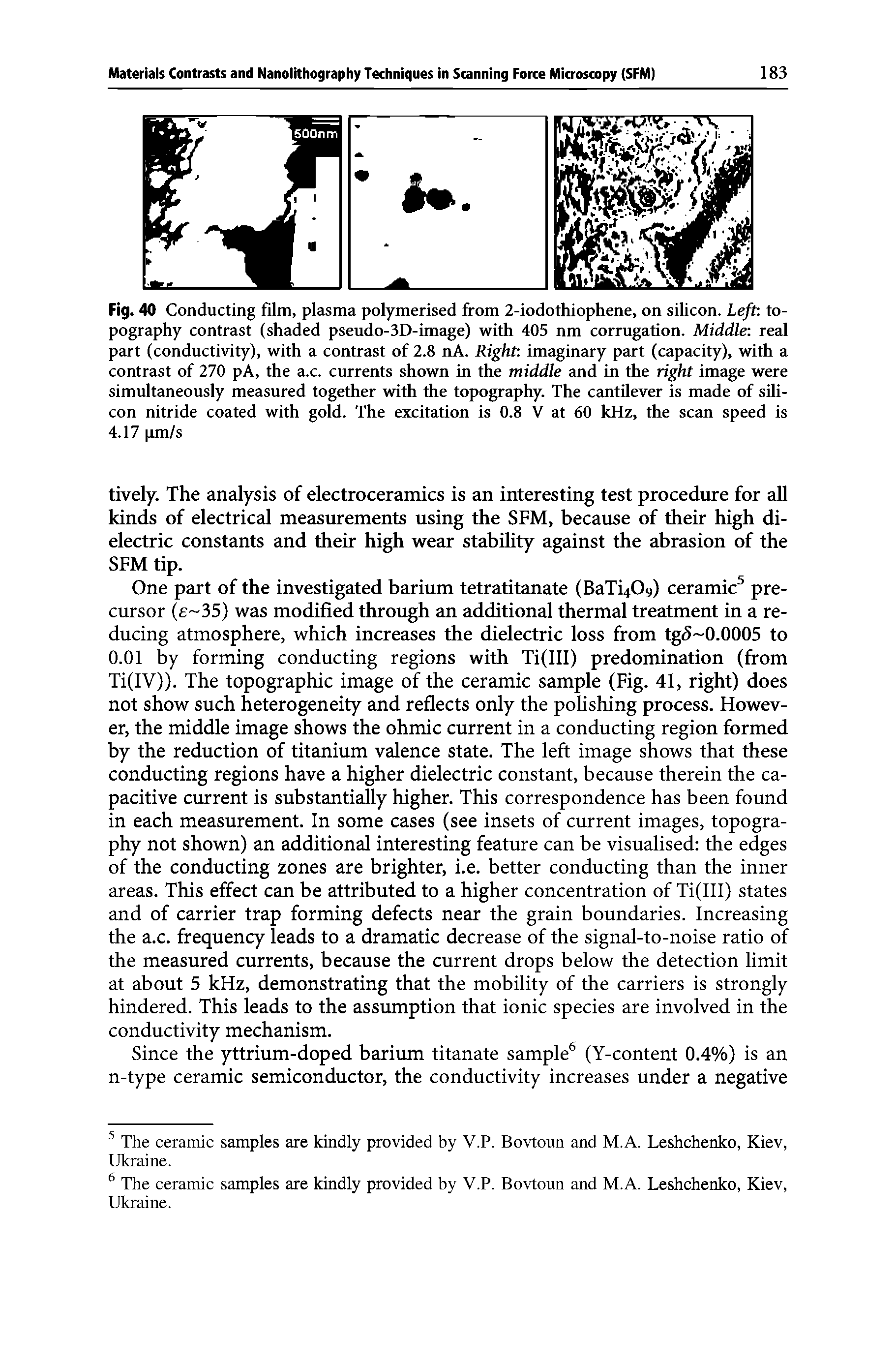 Fig. 40 Conducting film, plasma polymerised from 2-iodothiophene, on silicon. Left topography contrast (shaded pseudo-3D-image) with 405 nm corrugation. Middle real part (conductivity), with a contrast of 2.8 nA. Right imaginary part (capacity), with a contrast of 270 pA, the a.c. currents shown in the middle and in the right image were simultaneously measured together with the topography. The cantilever is made of silicon nitride coated with gold. The excitation is 0.8 V at 60 kHz, the scan speed is 4.17 pm/s...