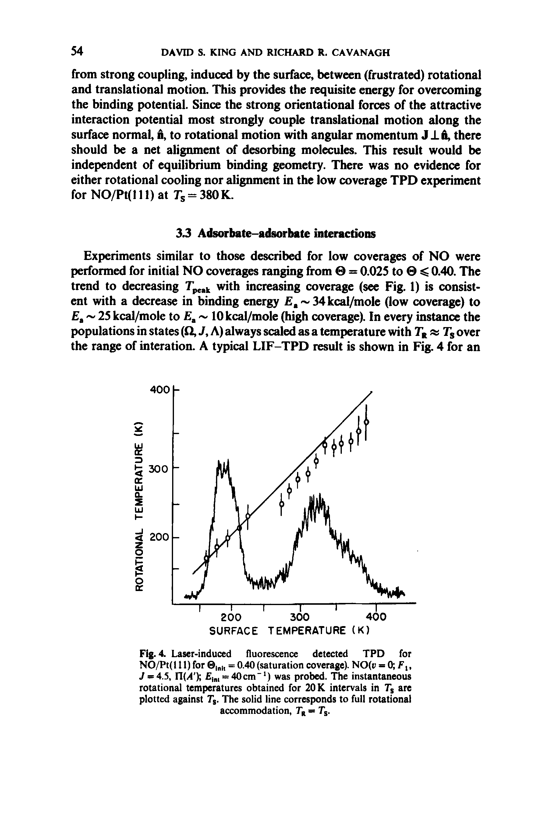 Fig. 4. Laser-induced nuorescence detected TPD for NO/Pt(l 11) for 0 , = 0.40 (saturation coverage). NO(i = 0 F, J = 4.S, n(A ) , s=40cm ) was probed. The instantaneous rotational temperatures obtained for 20 K intervals in are plotted against 7. The solid line corresponds to full rotational accommodation, Tf = Tj.