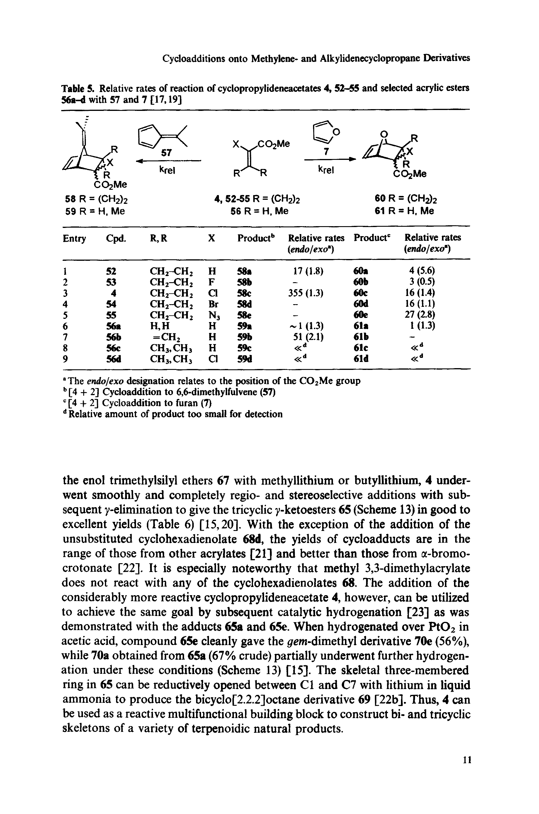 Table 5. Relative rates of reaction of cyclopropylideneacetates 4, 52-55 and selected acrylic esters 56a-d with 57 and 7 [17,19]...