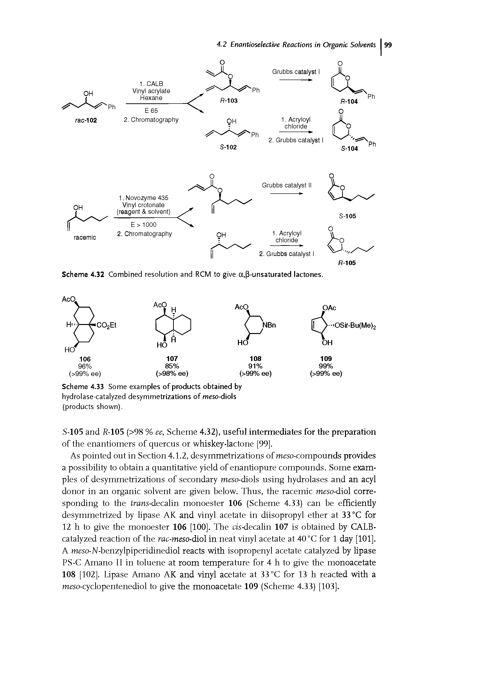 Scheme 4.33 Some examples of products obtained by hydrolase-catalyzed desymmetrizations of meso-diols (products shown).