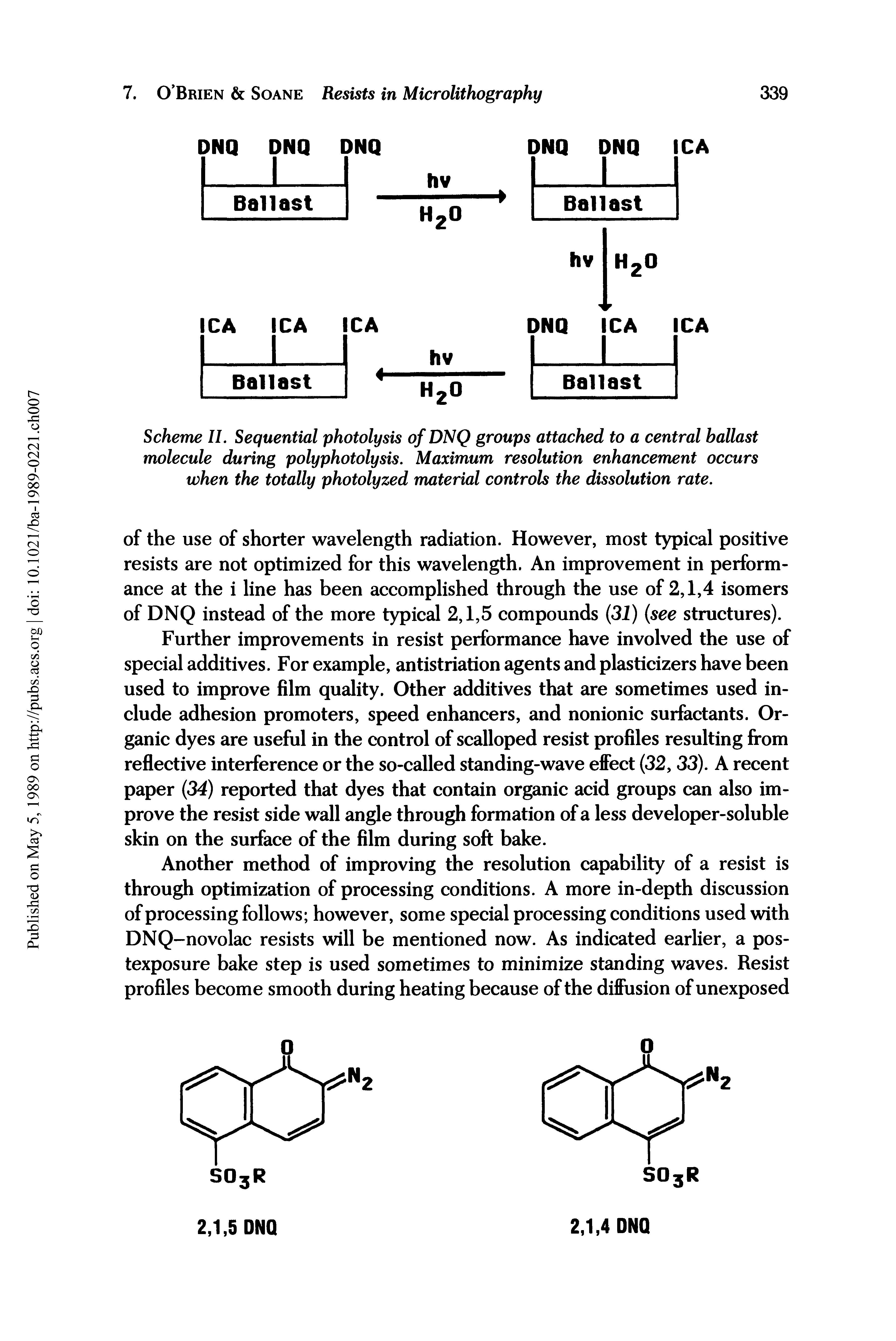 Scheme II. Sequential photolysis of DNQ groups attached to a central ballast molecule during polyphotolysis. Maximum resolution enhancement occurs when the totally photolyzed material controls the dissolution rate.
