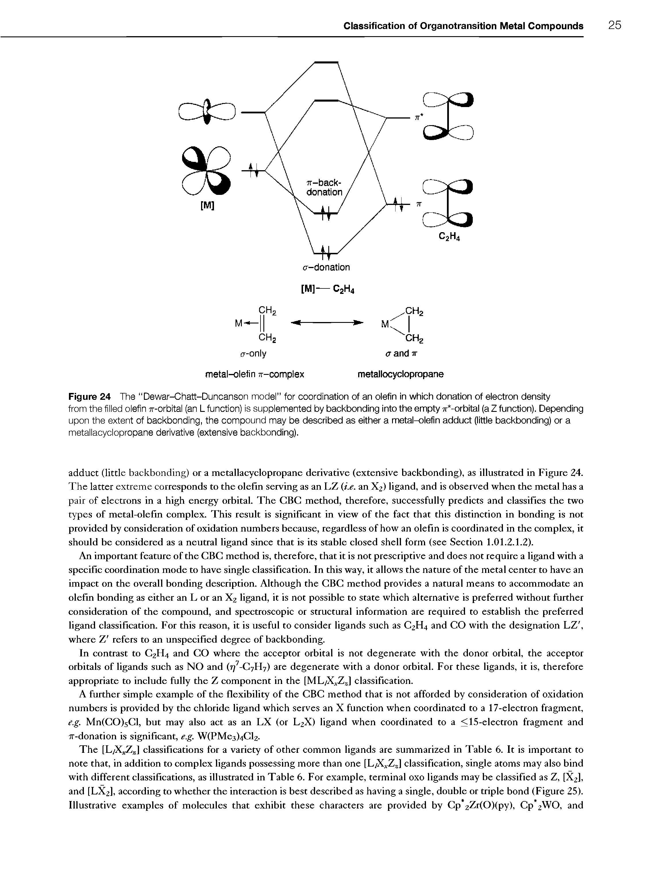 Figure 24 The Dewar-Chatt-Duncanson model" for coordination of an olefin in which donation of electron density from the filled olefin rr-orbital (an L function) is supplemented by backbonding into the empty 7r -orbital (aZfunction). Depending upon the extent of backbonding, the compound may be described as either a metal-olefin adduct (little backbonding) or a...