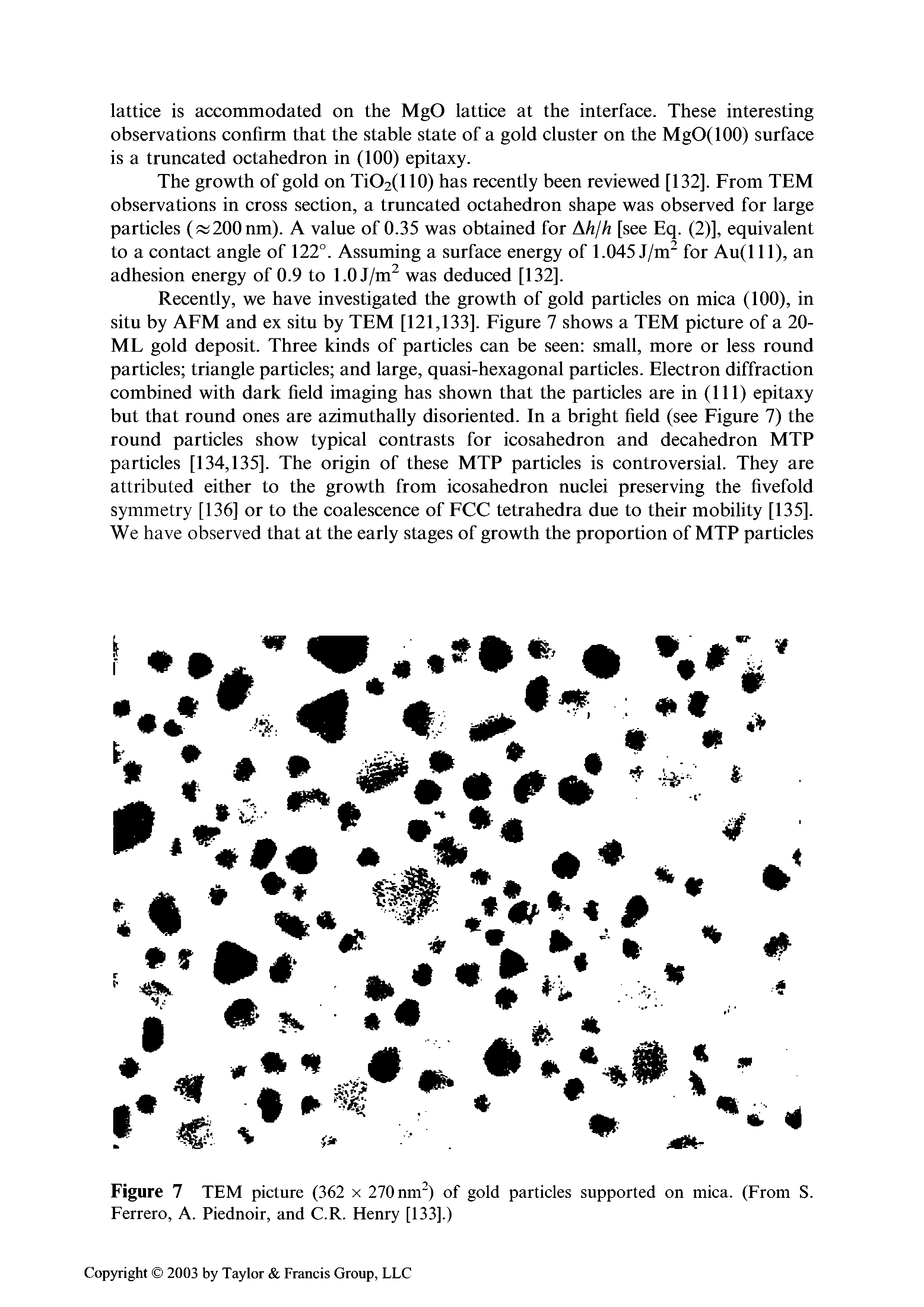 Figure 7 TEM picture (362 x 270 nm ) of gold particles supported on mica. (From S. Ferrero, A. Piednoir, and C.R. Henry [133].)...