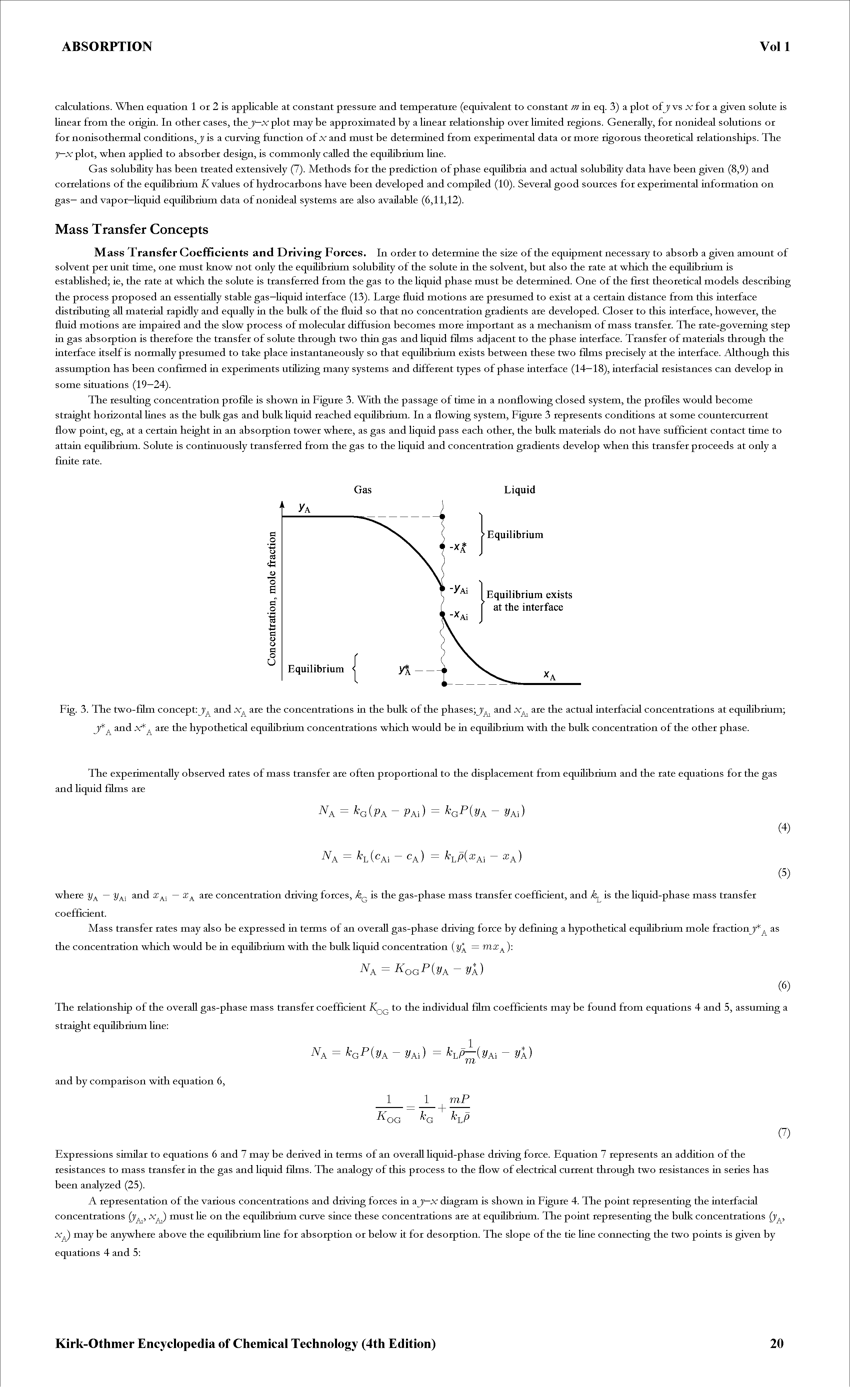 Fig. 3. The two-film concept and x are the concentrations in the bulk of the phases jy and x are the actual interfacial concentrations at equiHbrium ...