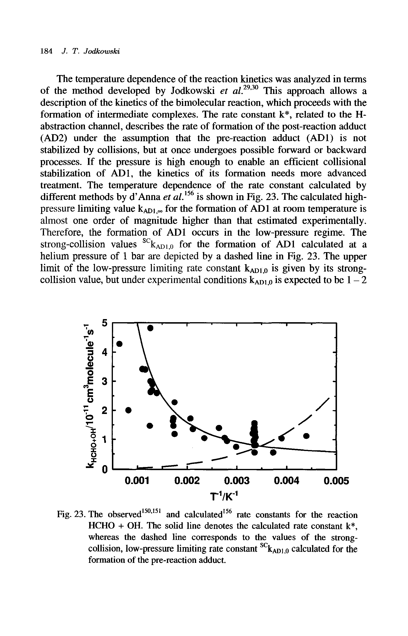 Fig. 23. The observed150,151 and calculated156 rate constants for the reaction HCHO + OH. The solid line denotes the calculated rate constant k, whereas the dashed line corresponds to the values of the strong-collision, low-pressure limiting rate constant sckADi,o calculated for the formation of the pre-reaction adduct.