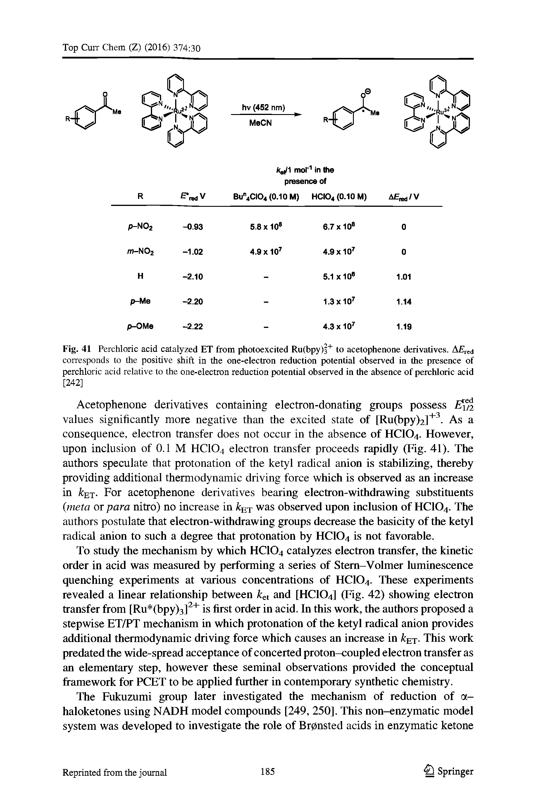 Fig. 41 Perchloric acid catalyzed ET from photoexcited Ru(bpy) to acetophenone derivatives. A r d corresponds to the positive shift in the one-electron reduction potential observed in the presence of perchloric acid relative to the one-electron reduction potential observed in the absence of perchloric acid...