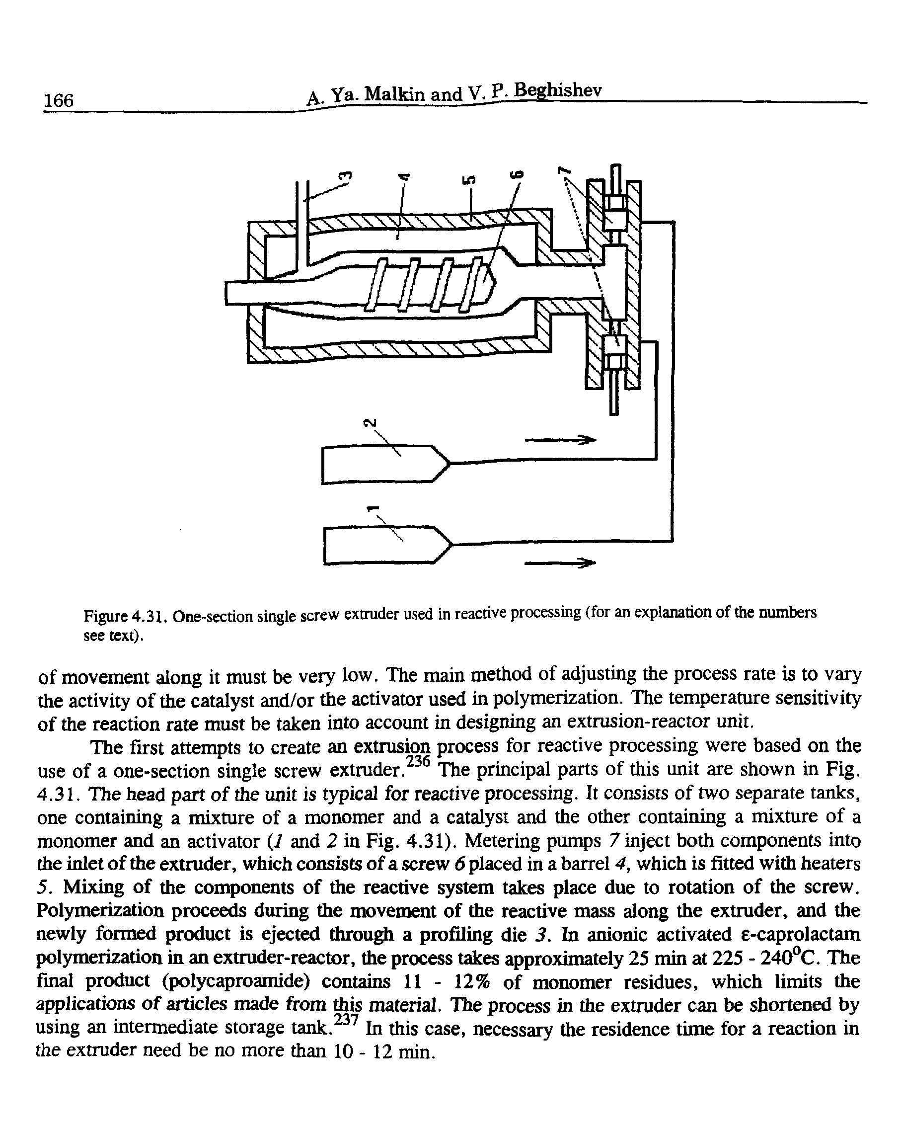 Figure 4.31. One-section single screw extruder used in reactive processing (for an explanation of the numbers see text).