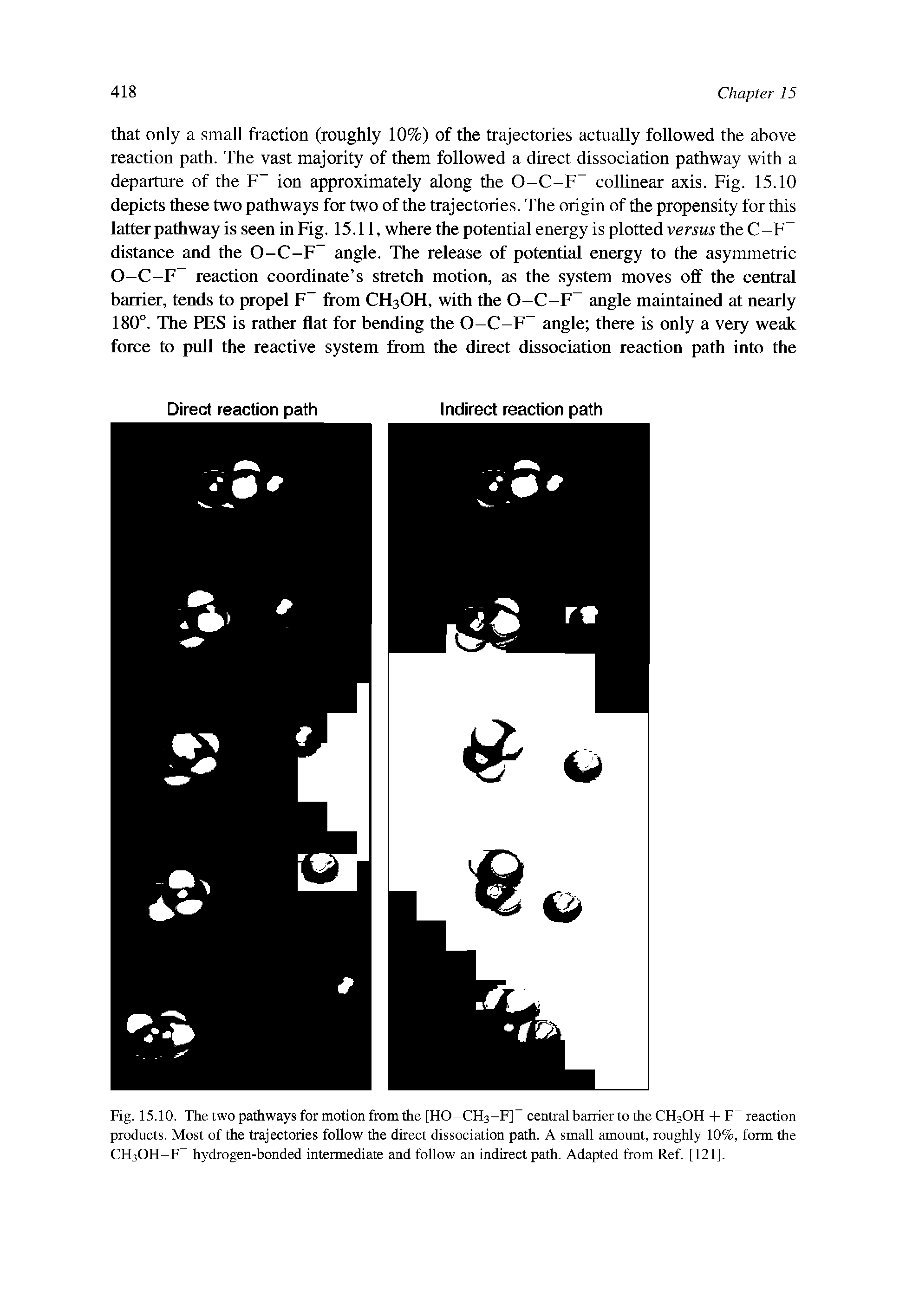 Fig. 15.10. The two pathways for motion from the [HO-CHs-F] central barrier to the CH3OH + F reaction products. Most of the trajectories follow the direct dissociation path. A small amount, roughly 10%, form the CHsOH-F hydrogen-bonded intermediate and follow an indirect path. Adapted from Ref. [121].