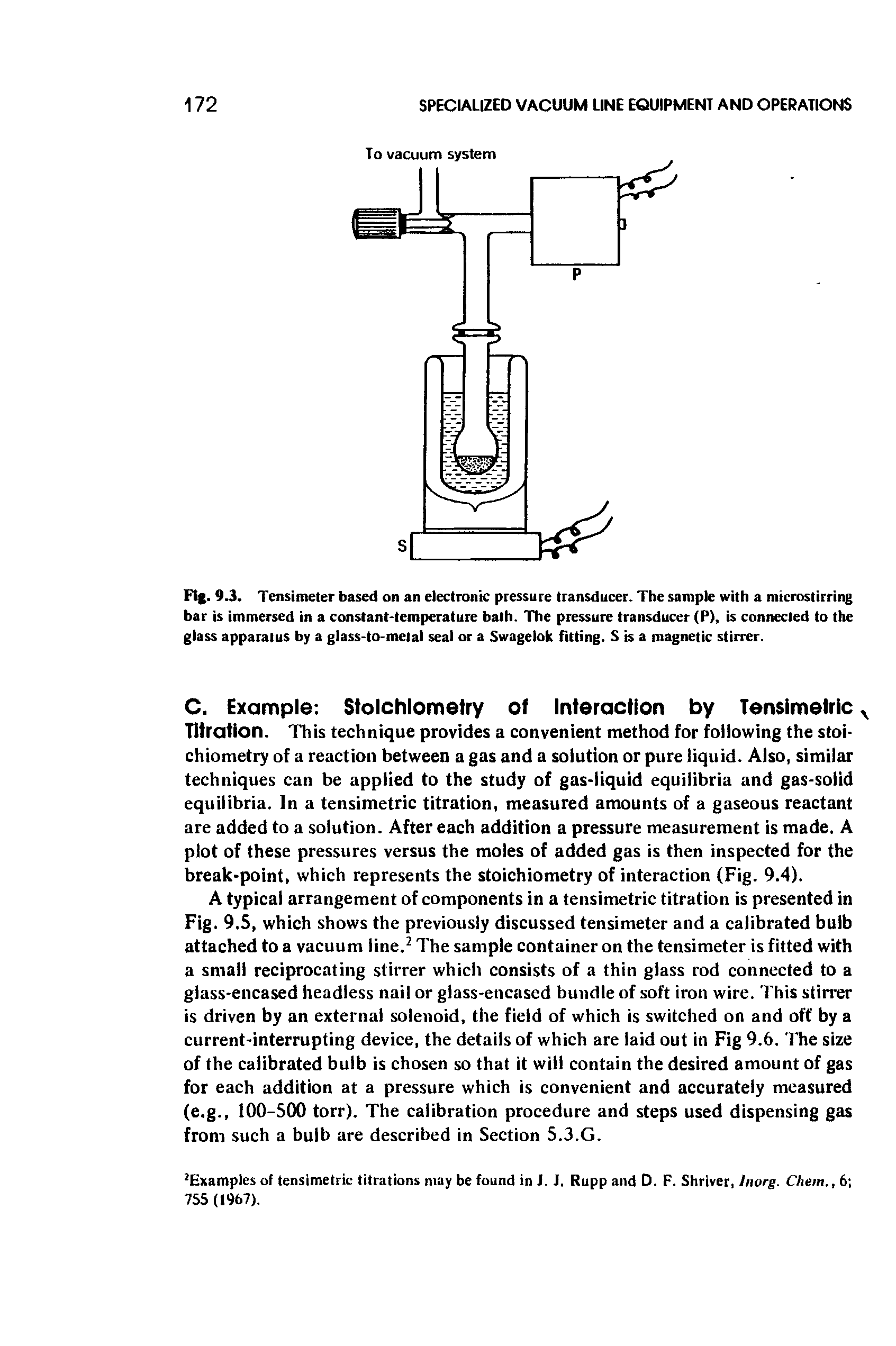 Fig. 9.3. Tensimeter based on an electronic pressure transducer. The sample with a microstirring bar is immersed in a constant-temperature bath. The pressure transducer (P), is connected to the glass apparatus by a glass-to-metal seal or a Swagelok fitting. S is a magnetic stirrer.