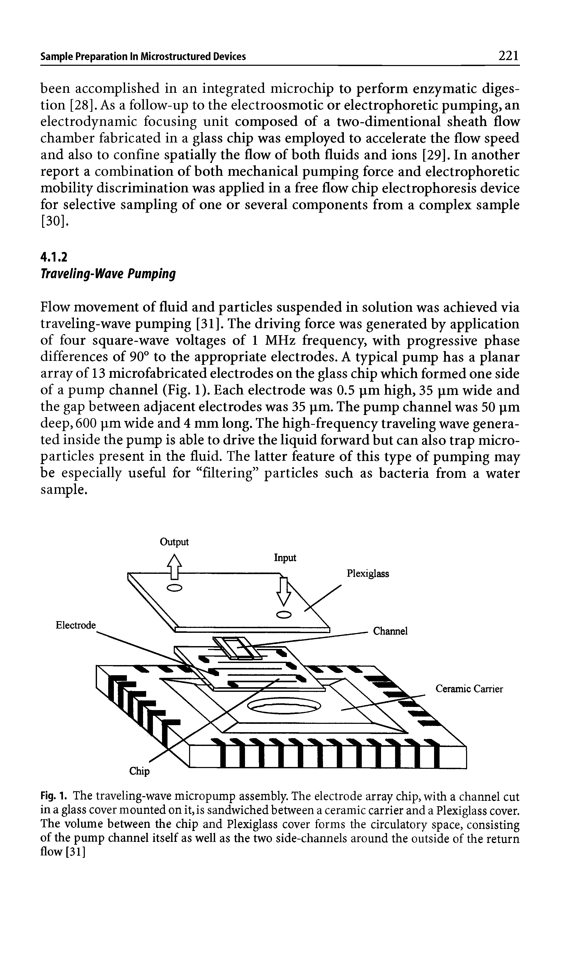 Fig. 1. The traveling-wave micropump assembly. The electrode array chip, with a channel cut in a glass cover mounted on it, is sandwiched between a ceramic carrier and a Plexiglass cover. The volume between the chip and Plexiglass cover forms the circulatory space, consisting of the pump channel itself as well as the two side-channels around the outside of the return flow [31]...