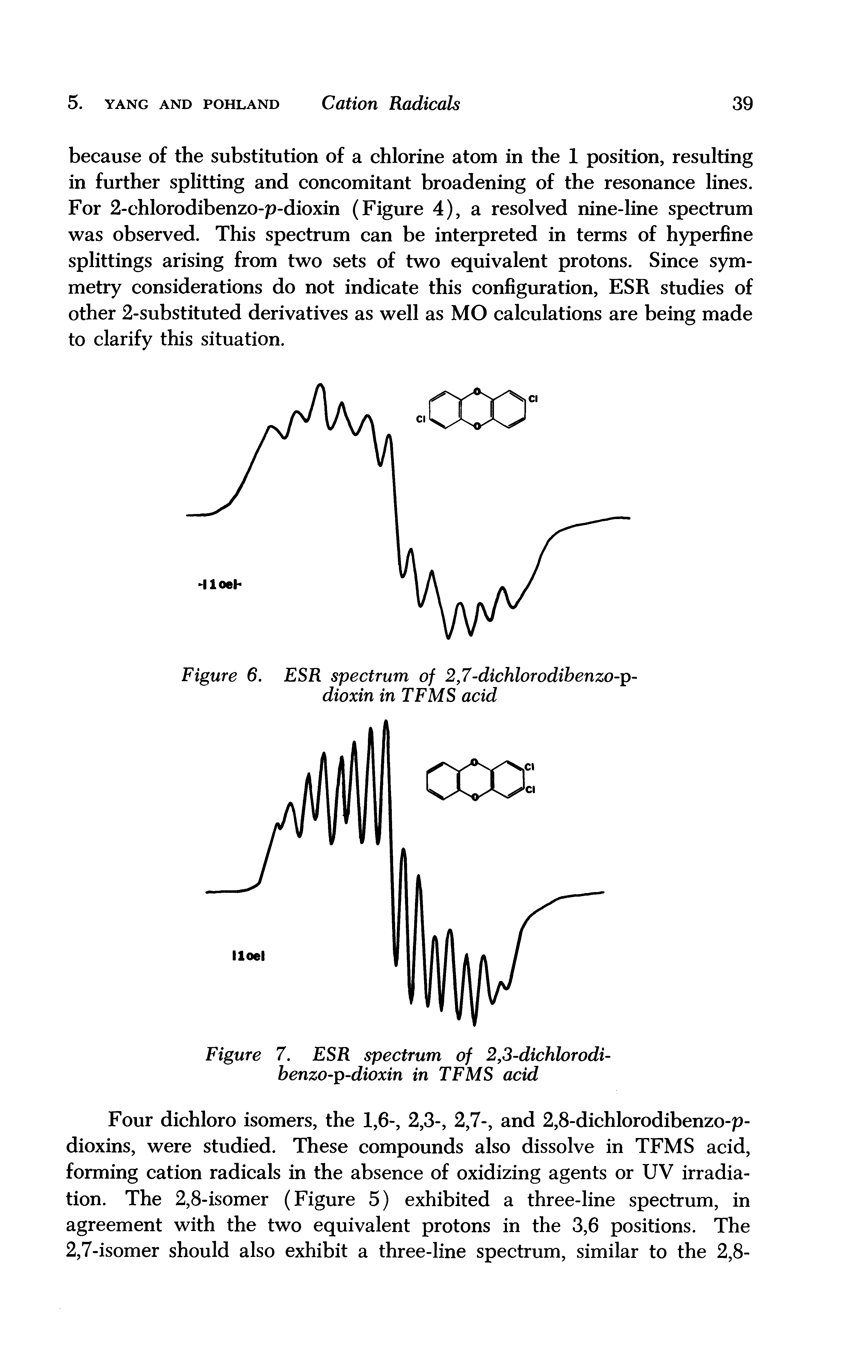 Figure 7. ESR spectrum of 2,3-dichlorodi-benzo-p-dioxin in TFMS acid...