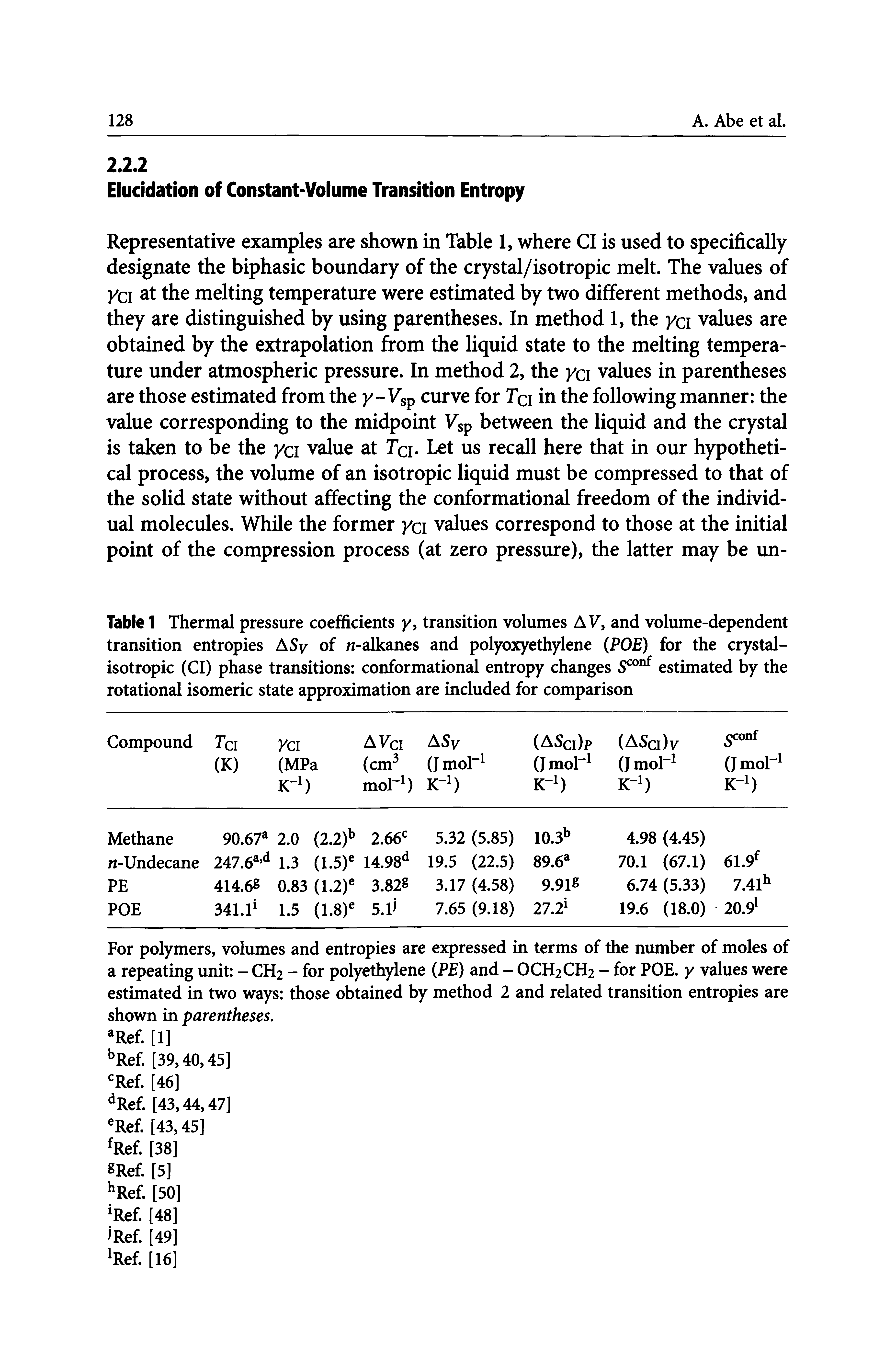 Table 1 Thermal pressure coefficients y, transition volumes A 7, and volume-dependent transition entropies ASy of n-alkanes and polyoxyethylene (POE) for the crystal-isotropic (Cl) phase transitions conformational entropy changes estimated by the rotational isomeric state approximation are included for comparison...