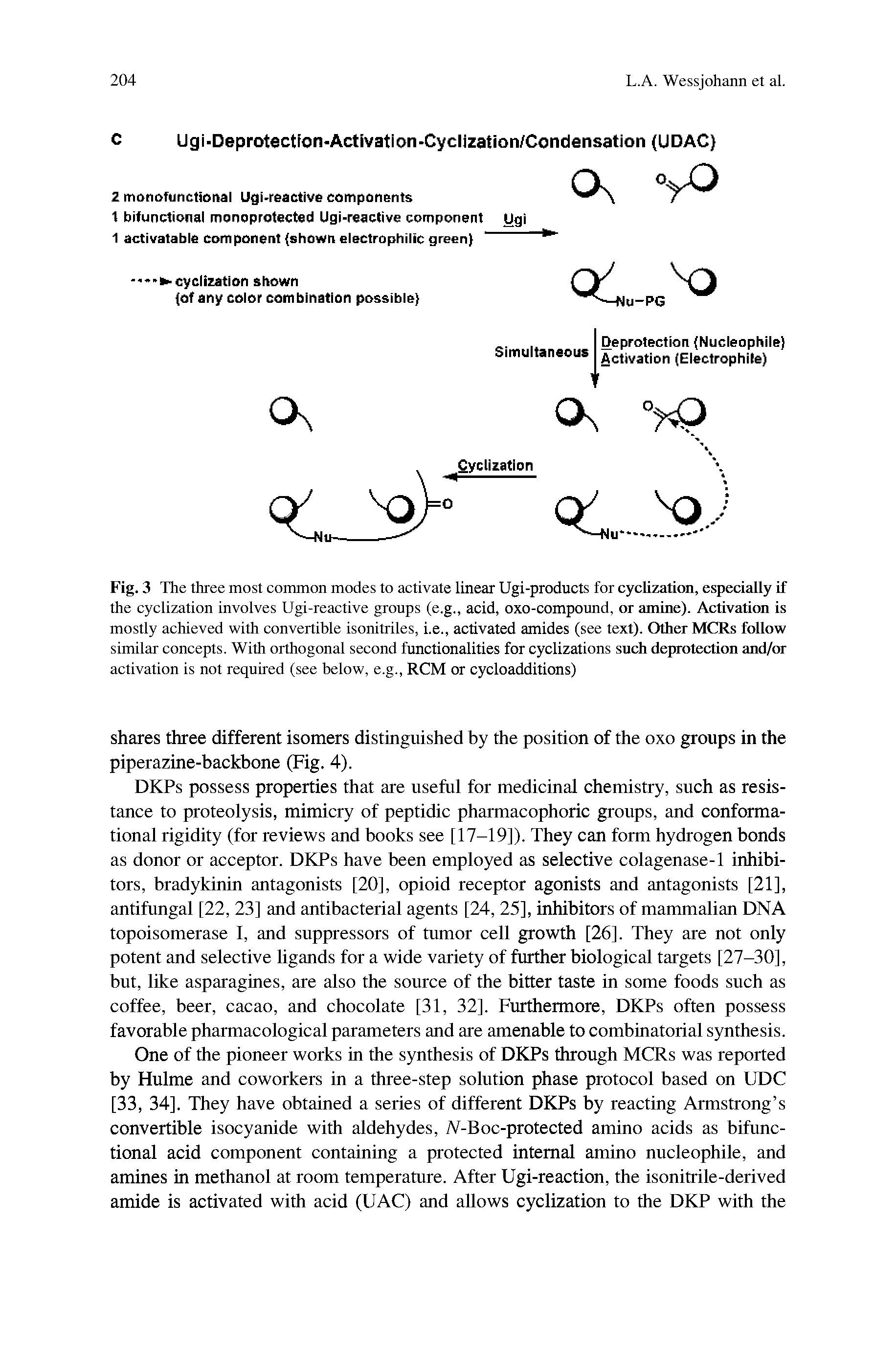 Fig. 3 The three most common modes to activate linear Ugi-products for cyclization, especially if the cyclization involves Ugi-reactive groups (e.g., acid, oxo-compound, or amine). Activation is mostly achieved with convertible isonitriles, i.e., activated amides (see text). Other MCRs follow similar concepts. With orthogonal second functionalities for cyclizations such deprotection and/or activation is not required (see below, e.g., RCM or cycloadditions)...