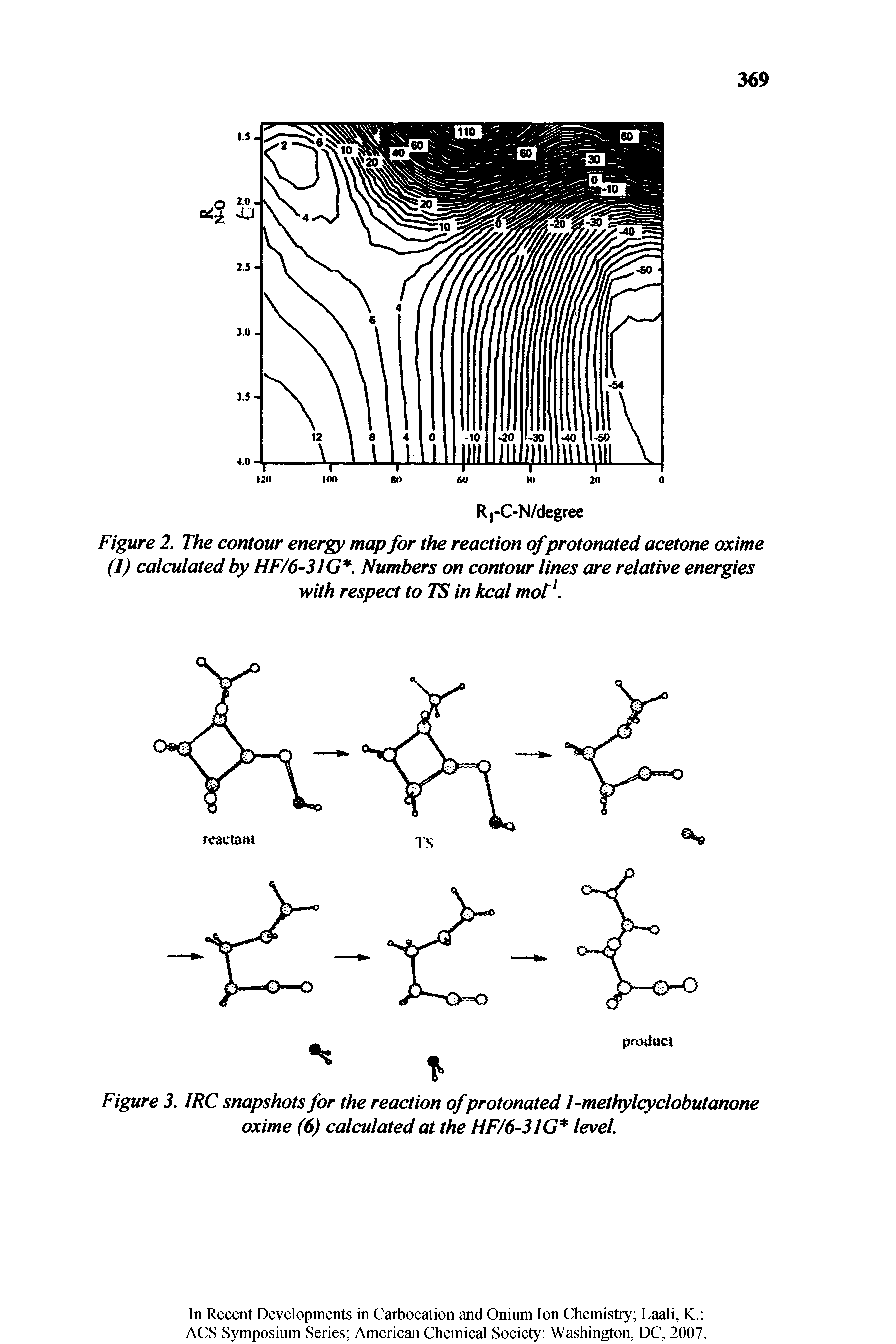 Figure 2. The contour energy map for the reaction ofprotonated acetone oxime (1) calculated by HF/6-31G. Numbers on contour lines are relative energies with respect to TS in kcal mot1.