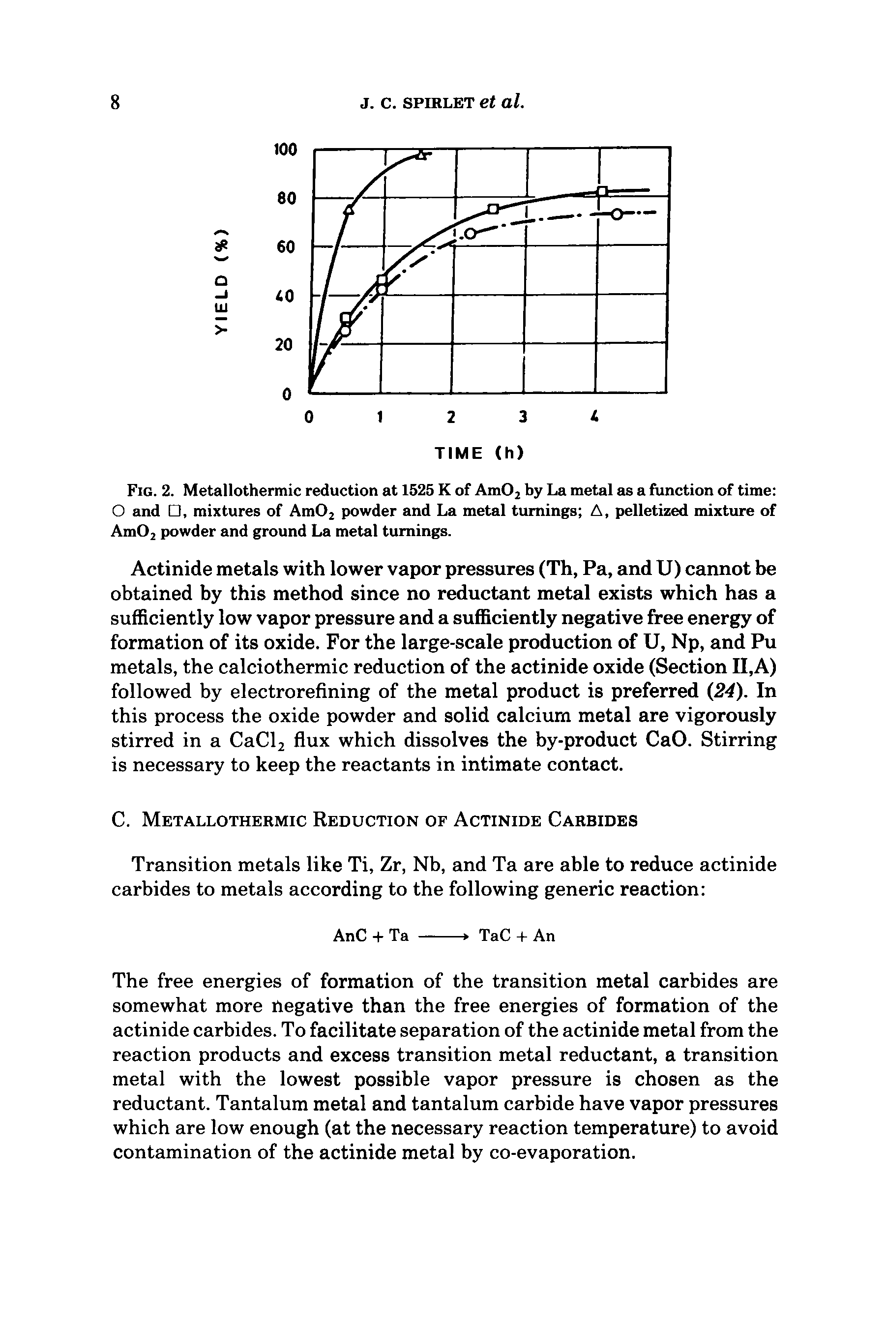 Fig. 2. Metallothermic reduction at 1525 K of Am02 by La metal as a function of time O and , mixtures of Am02 powder and La metal turnings A, pelletized mixture of Am02 powder and ground La metal turnings.