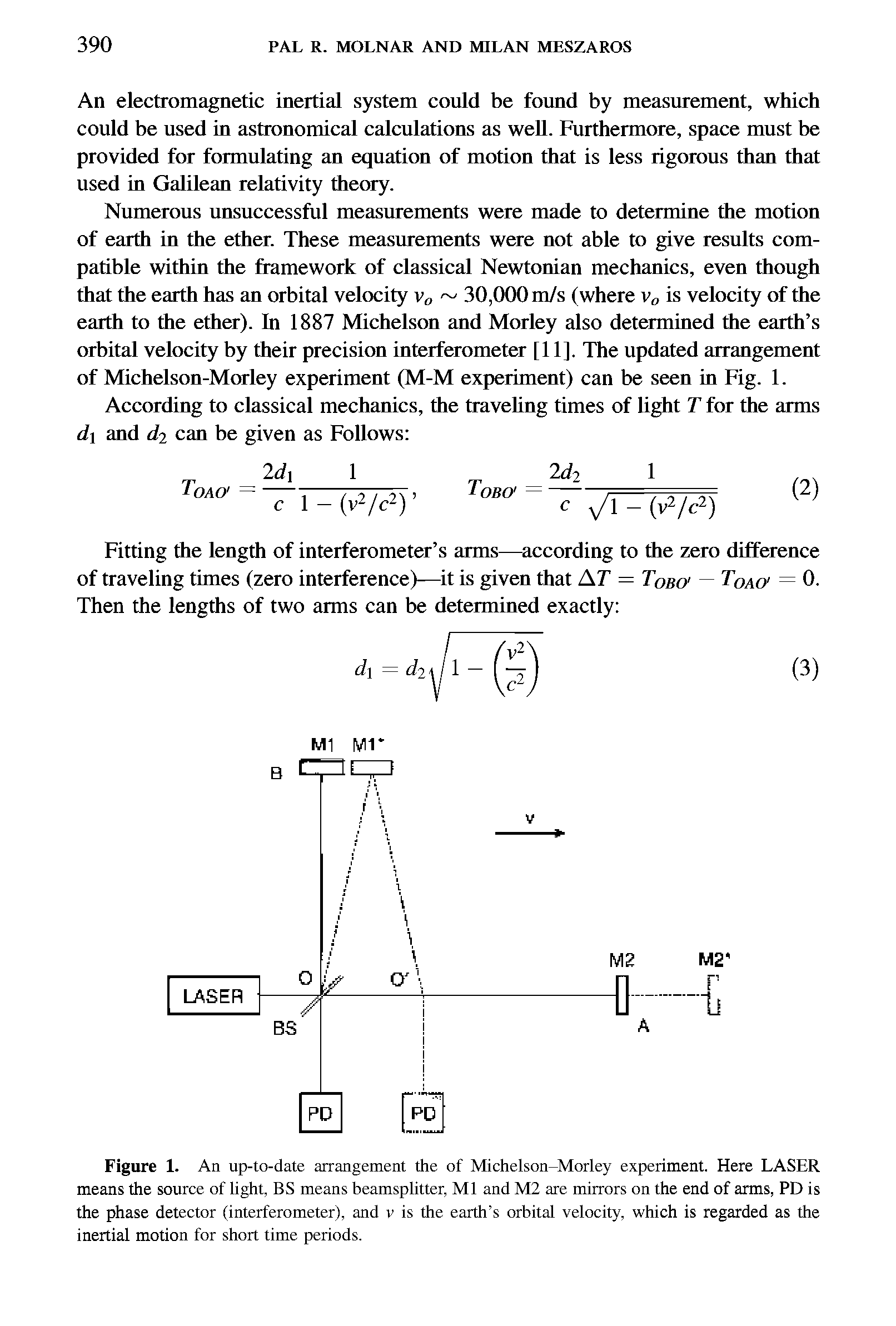 Figure 1. An up-to-date arrangement the of Michelson-Morley experiment. Here LASER means the source of light, BS means beamsplitter, Ml and M2 are mirrors on the end of arms, PD is the phase detector (interferometer), and v is the earth s orbital velocity, which is regarded as the inertial motion for short time periods.