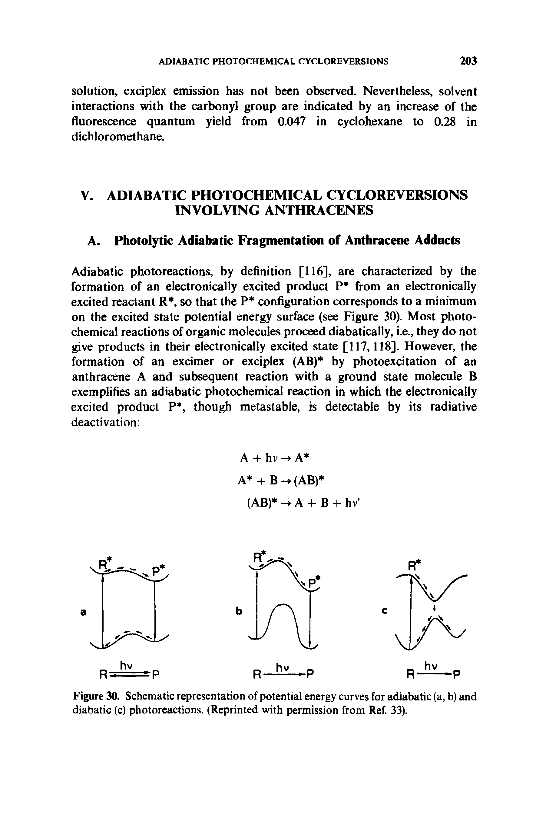 Figure 30. Schematic representation of potential energy curves for adiabatic (a, b) and diabatic (c) photoreactions. (Reprinted with permission from Ref. 33).