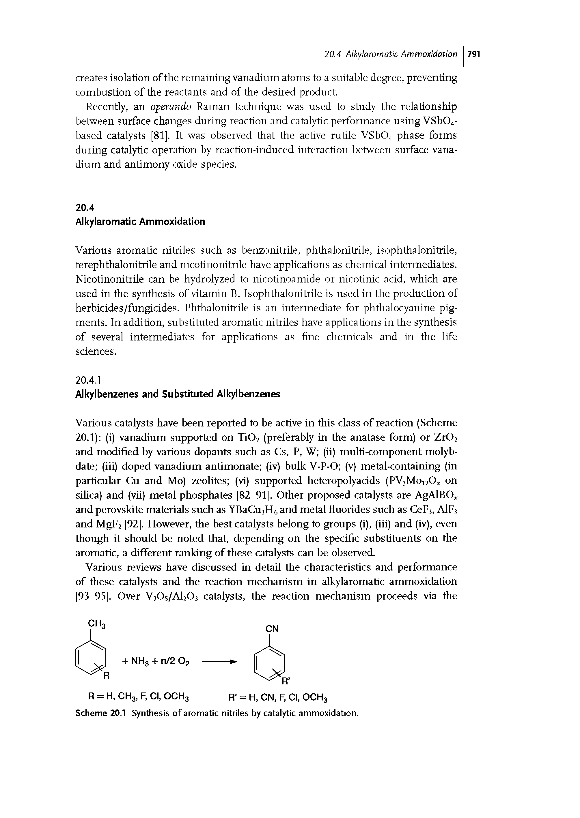 Scheme 20.1 Synthesis of aromatic nitriles by catalytic ammoxidation.