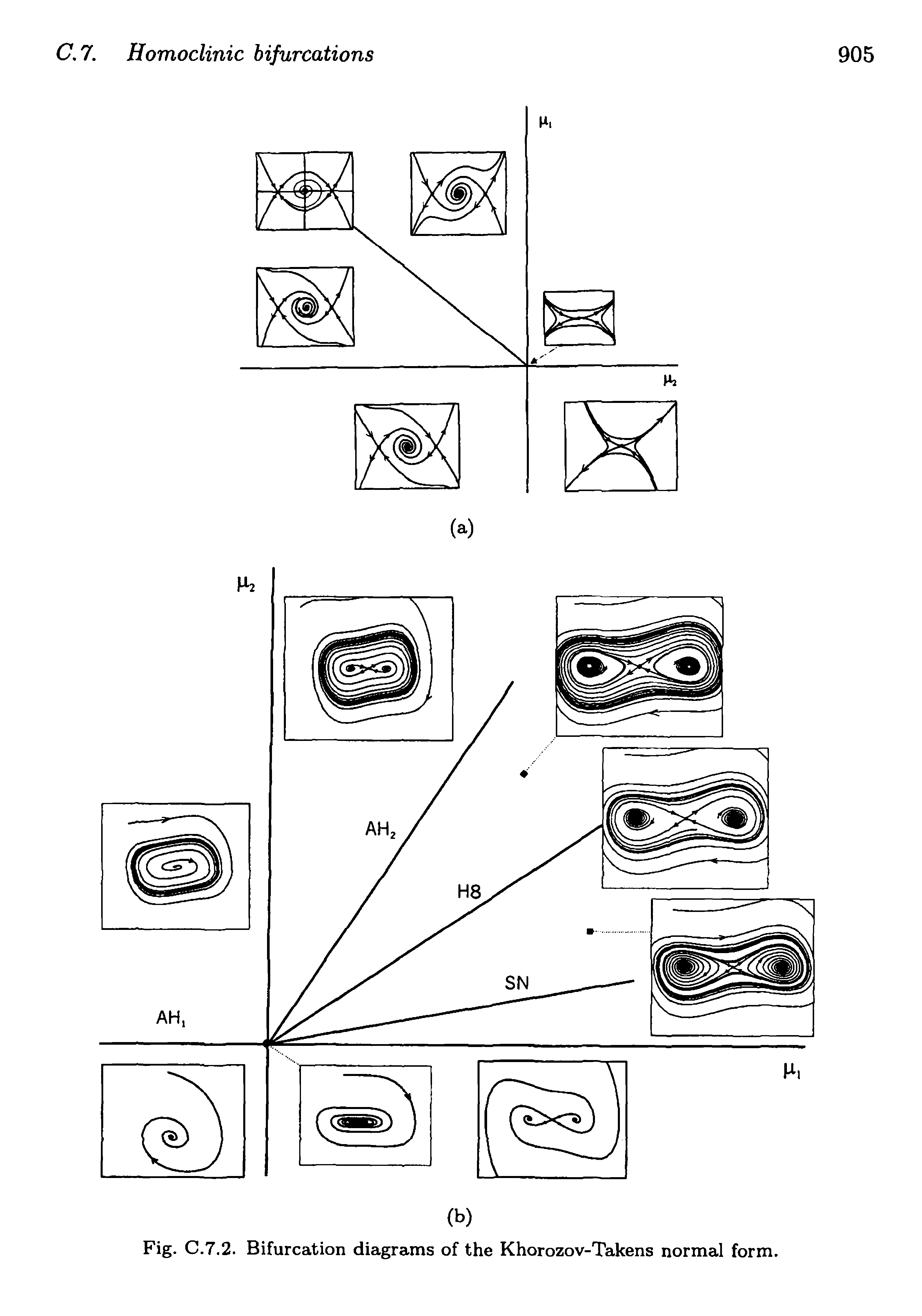 Fig. C.7.2. Bifurcation diagrams of the Khorozov-Takens normal form.