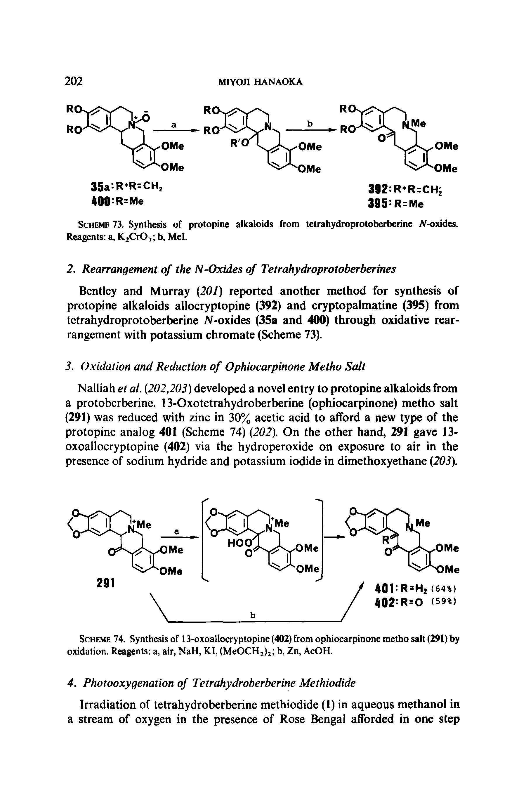 Scheme 74. Synthesis of 13-oxoallocryptopine (402) from ophiocarpinone metho salt (291) by oxidation. Reagents a, air, NaH, KI, (MeOCH2)2 b, Zn, AcOH.