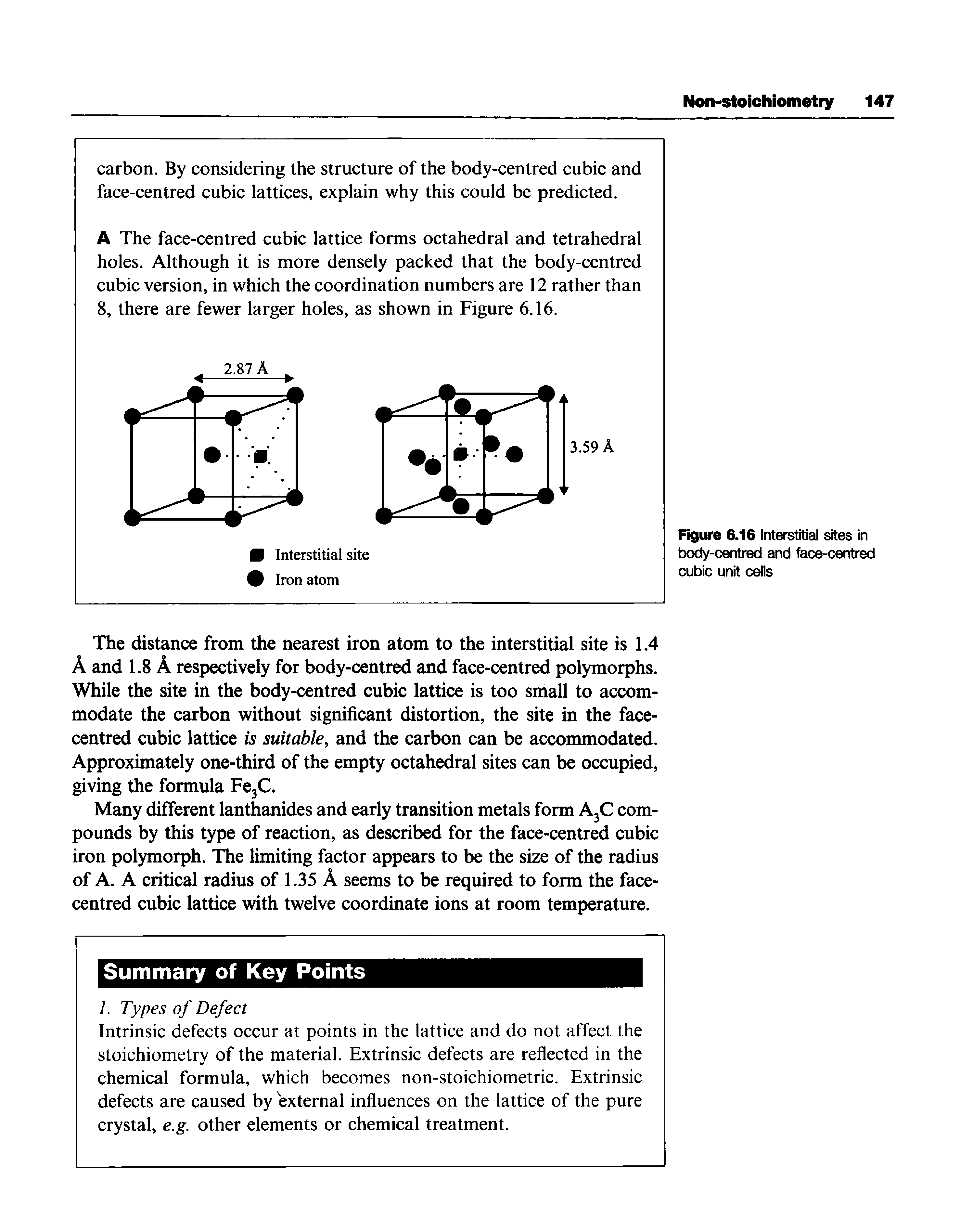 Figure 6.16 Interstitial sites in body-centred and face-centred cubic unit cells...