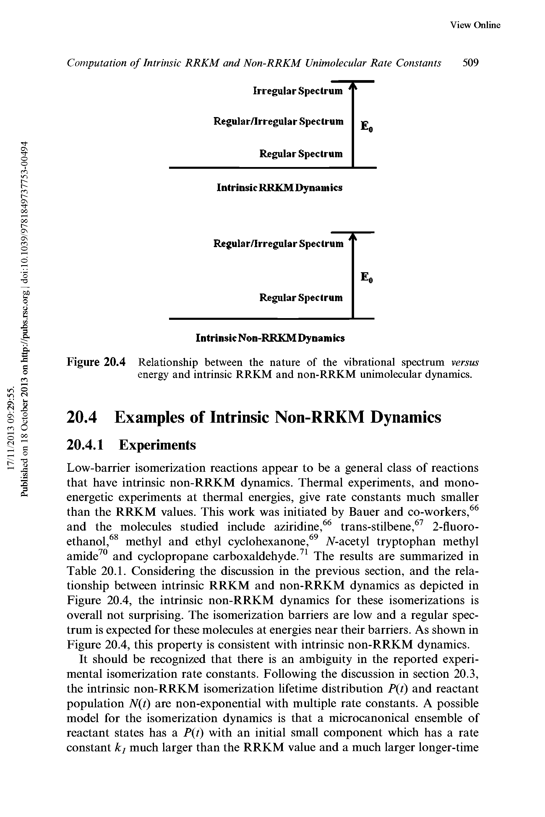 Figure 20.4 Relationship between the nature of the vibrational spectrum versus energy and intrinsic RRKM and non-RRKM unimolecular dynamics.