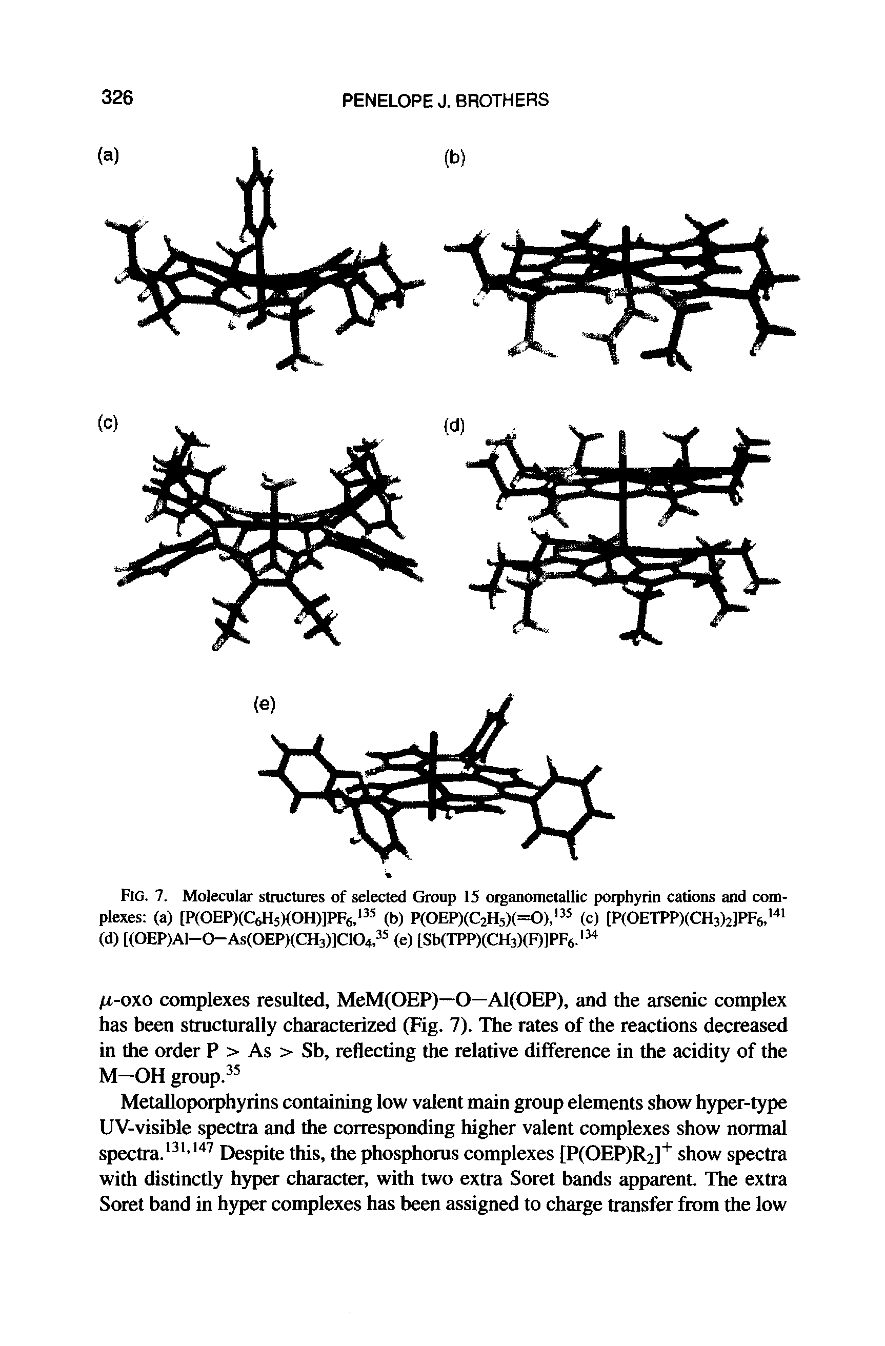 Fig. 7. Molecular structures of selected Group 15 organometallic porphyrin cations and complexes (a) [P(0EP)(C6H5)(0H)]PF6, (b) P(OEP)(C2H5)(=0), 5 [P(OETPP)(CH3)2]PF6, ...