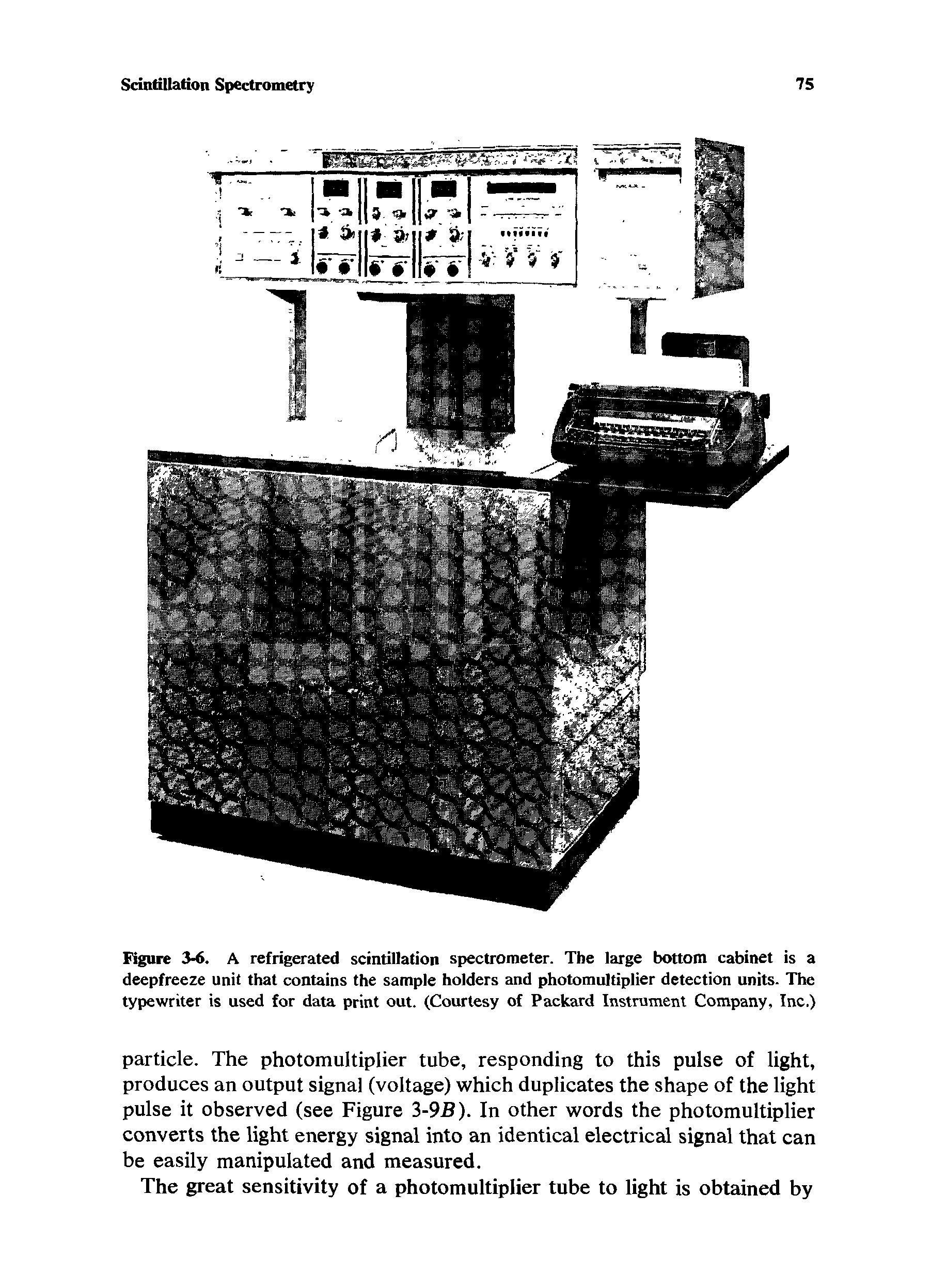 Figure 3-6. A refrigerated scintillation spectrometer. The large bottom cabinet is a deepfreeze unit that contains the sample holders and photomultiplier detection units. The typewriter is used for data print out. (Courtesy of Packard Instrument Company, Inc.)...