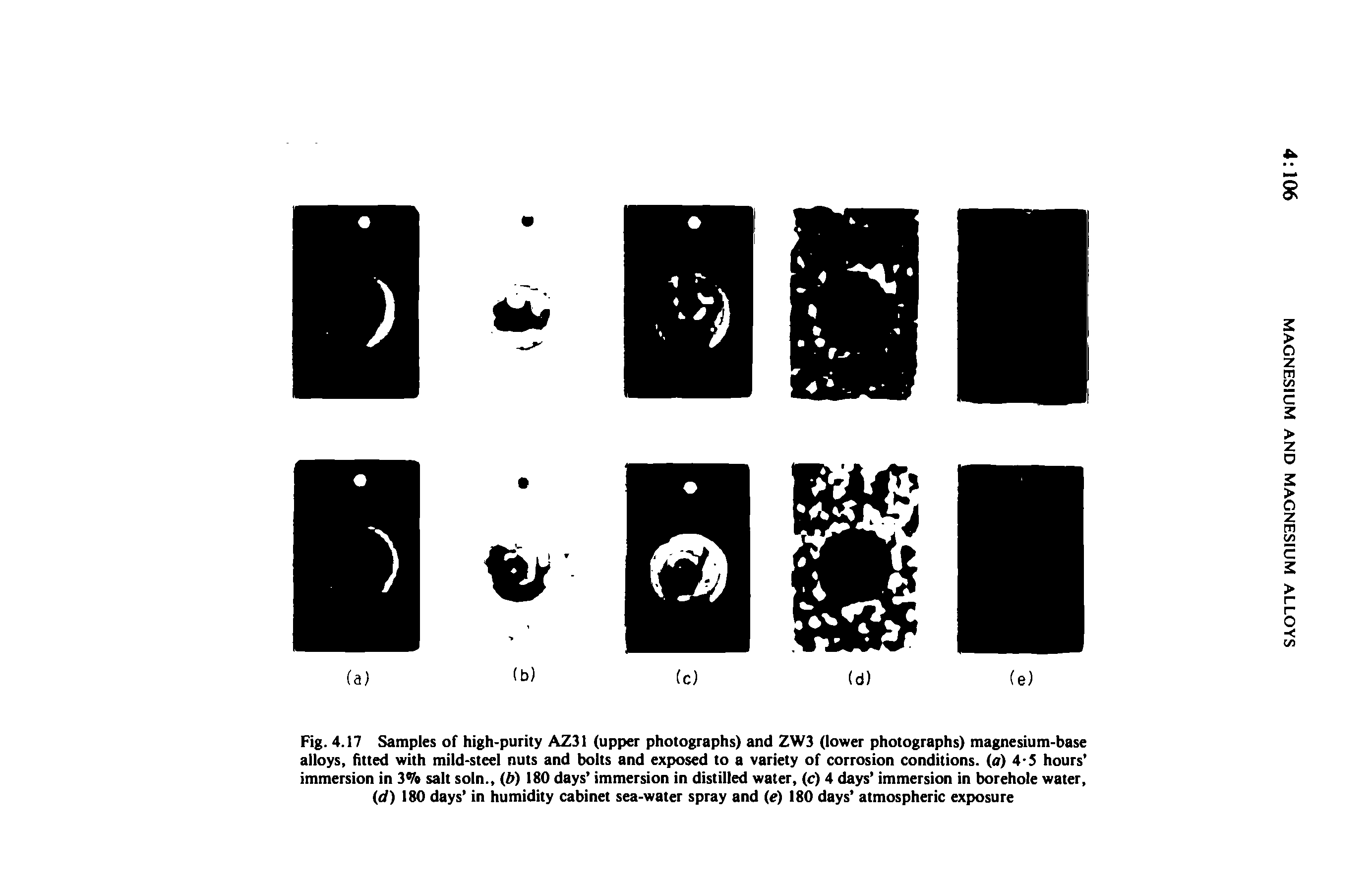 Fig. 4.17 Samples of high-purity AZ31 (upper photographs) and ZW3 (lower photographs) magnesium-base alloys, fitted with mild-steel nuts and bolts and exposed to a variety of corrosion conditions, (a) 4-S hours immersion in 37 salt soln., (b) 180 days immersion in distilled water, (c) 4 days immersion in borehole water, (d) 180 days in humidity cabinet sea-water spray and (e) 180 days atmospheric exposure...