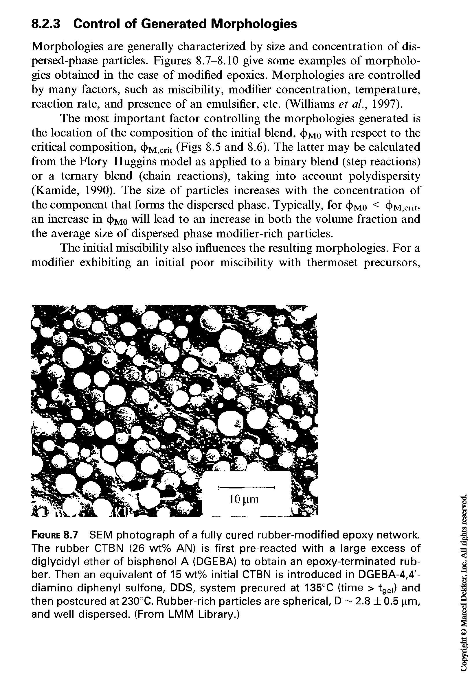 Figure 8.7 SEM photograph of a fully cured rubber-modified epoxy network. The rubber CTBN (26 wt% AN) is first pre-reacted with a large excess of diglycidyl ether of bisphenol A (DGEBA) to obtain an epoxy-terminated rubber. Then an equivalent of 15 wt% initial CTBN is introduced in DGEBA-4,4 -diamino diphenyl sulfone, DDS, system precured at 135°C (time > tgei) and then postcured at 230°C. Rubber-rich particles are spherical, D 2.8 0.5 gm, and well dispersed. (From LMM Library.)...
