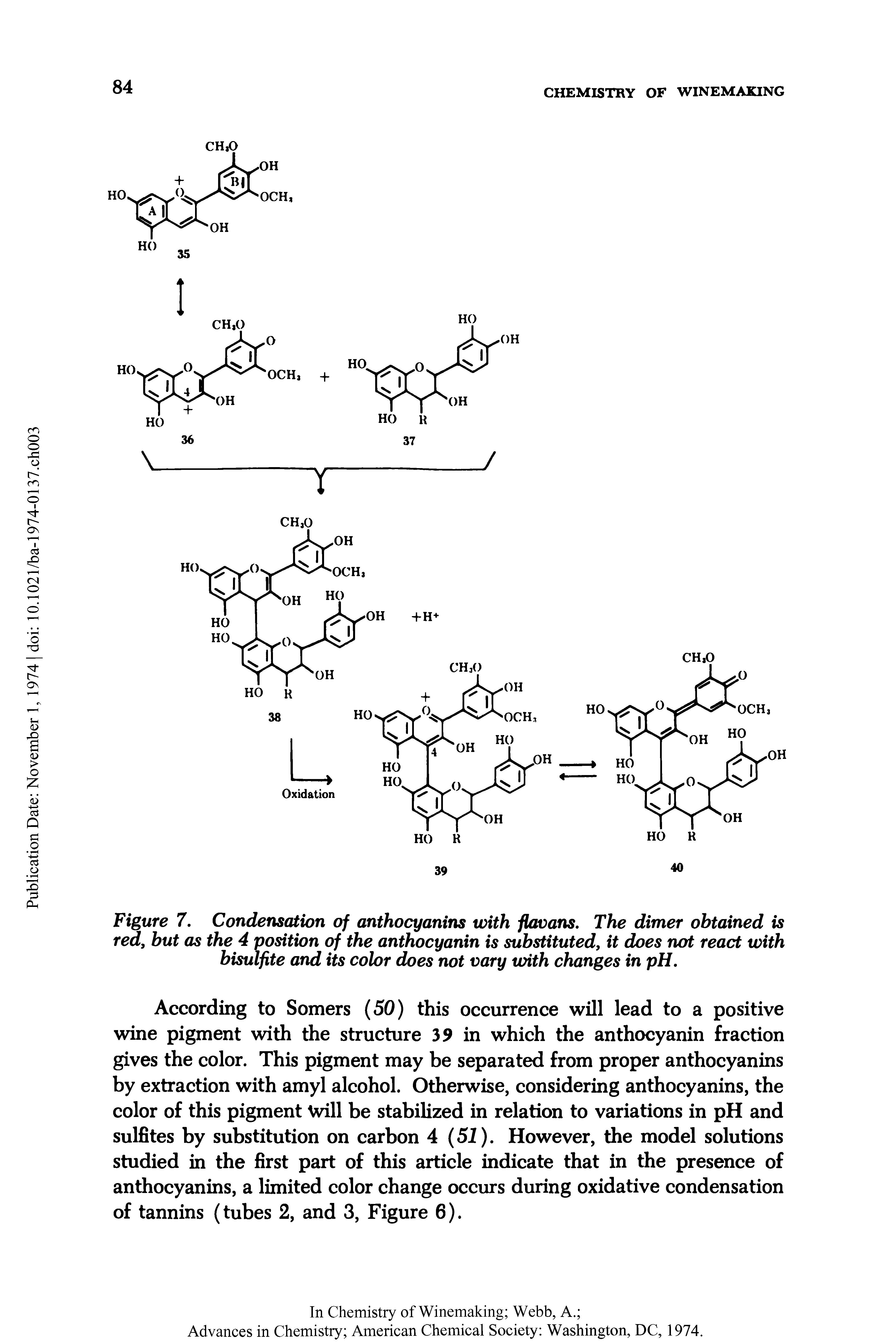 Figure 7. Condensation of anthocyanins with flavans. The dimer obtained is red, but as the 4 position of the anthocyanin is substituted, it does not react with bisulfite and its color does not vary with changes in pH.