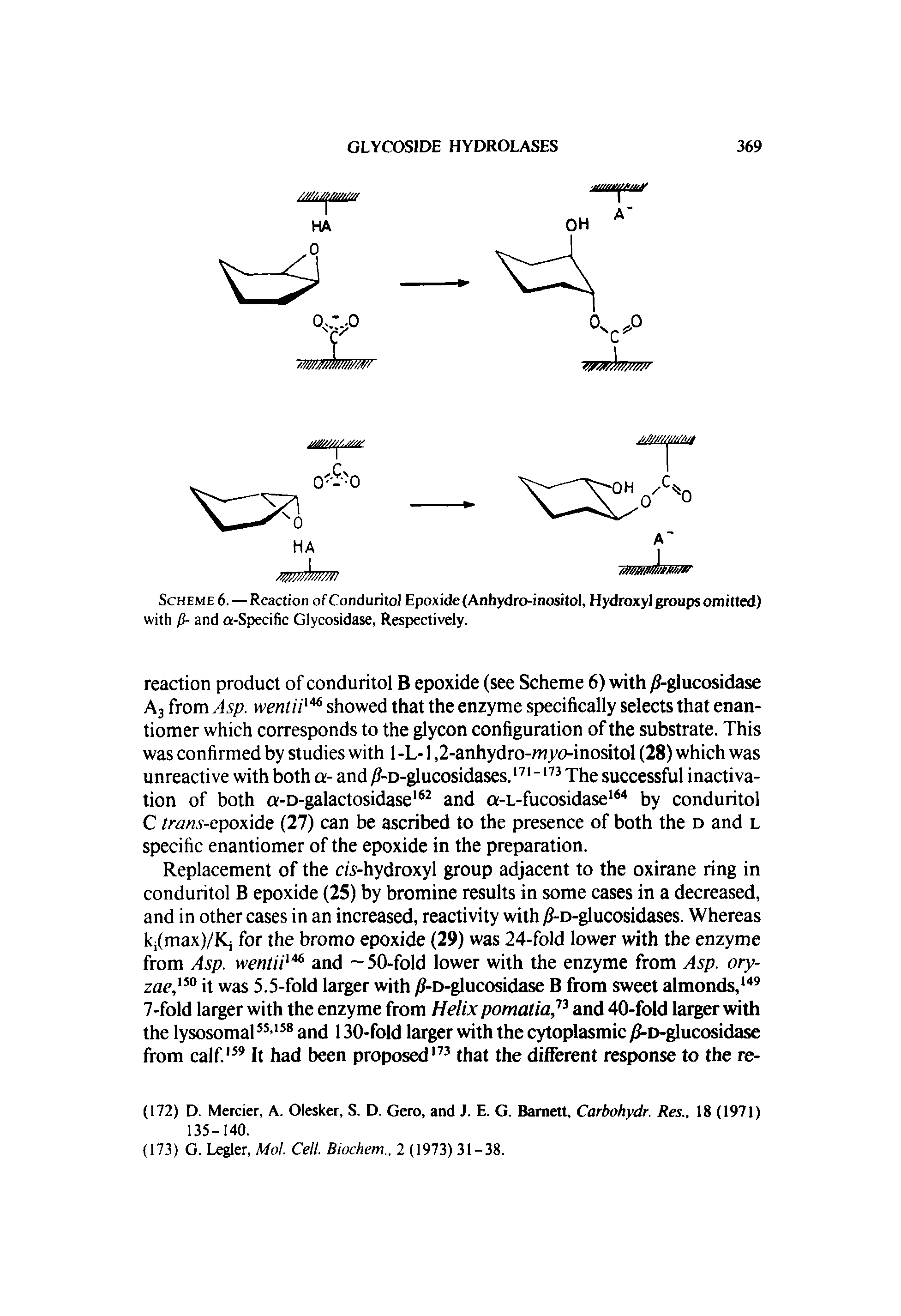 Scheme 6. — Reaction of ConduritoJ Epoxide (Anhydro-inositol, Hydroxyl groups omitted) with / - and a-Specific Glycosidase, Respectively.