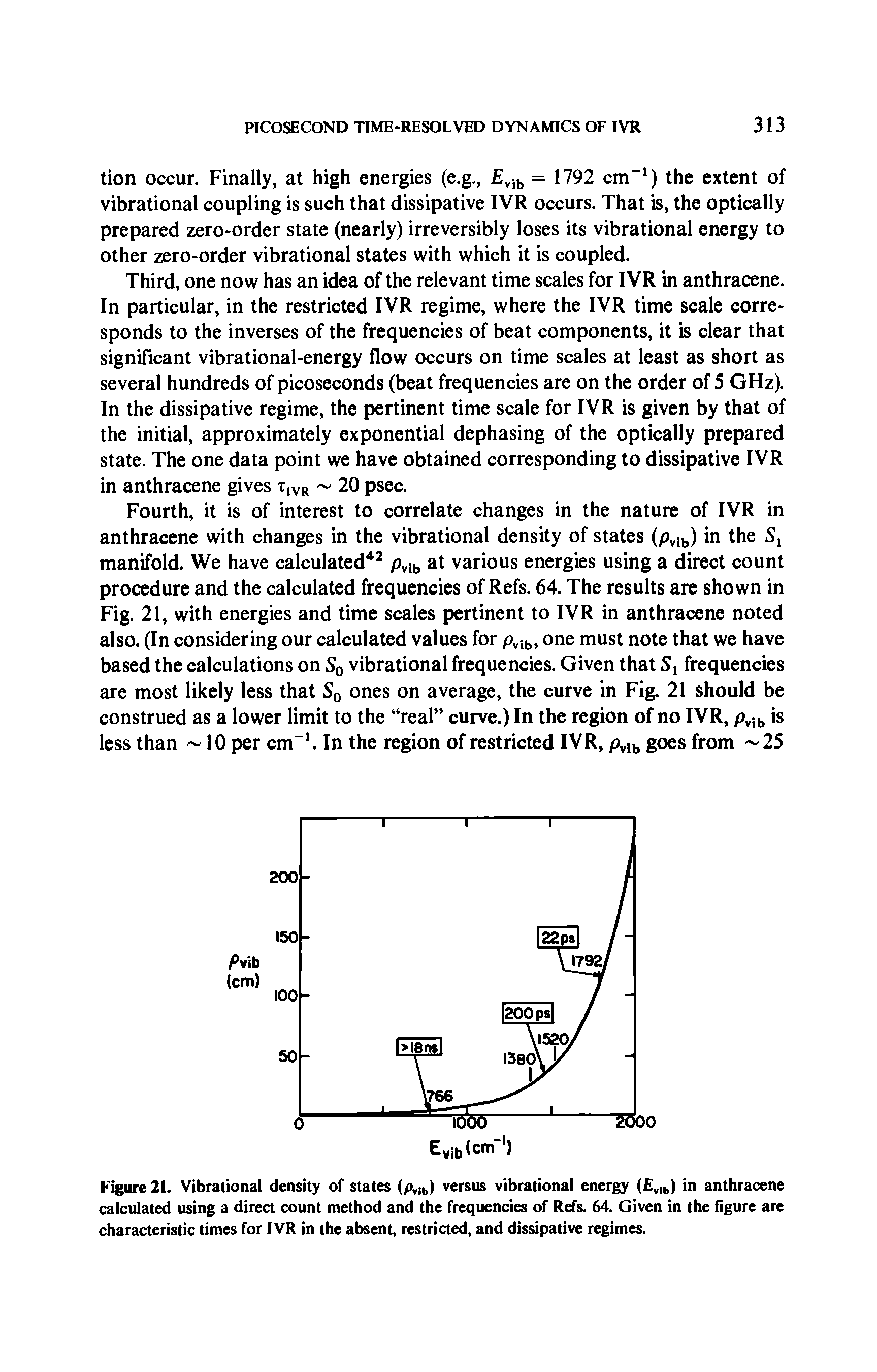 Figure 21. Vibrational density of states (pv b) versus vibrational energy (Evib) in anthracene calculated using a direct count method and the frequencies of Refs. 64. Given in the Figure are characteristic times for IVR in the absent, restricted, and dissipative regimes.