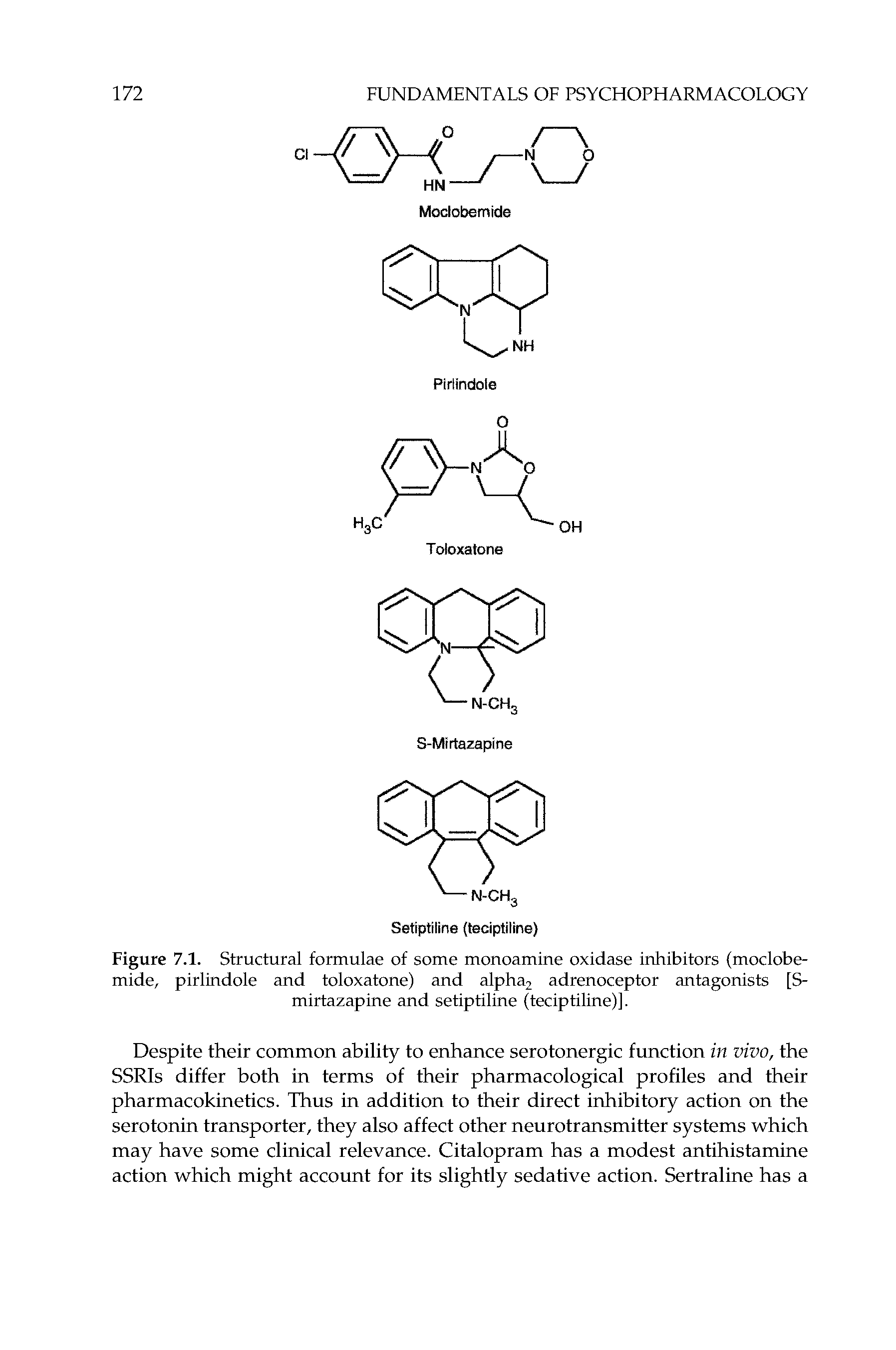 Figure 7.1. Structural formulae of some monoamine oxidase inhibitors (moclobe-mide, pirlindole and toloxatone) and alpha2 adrenoceptor antagonists [S-mirtazapine and setiptiline (teciptiline)].