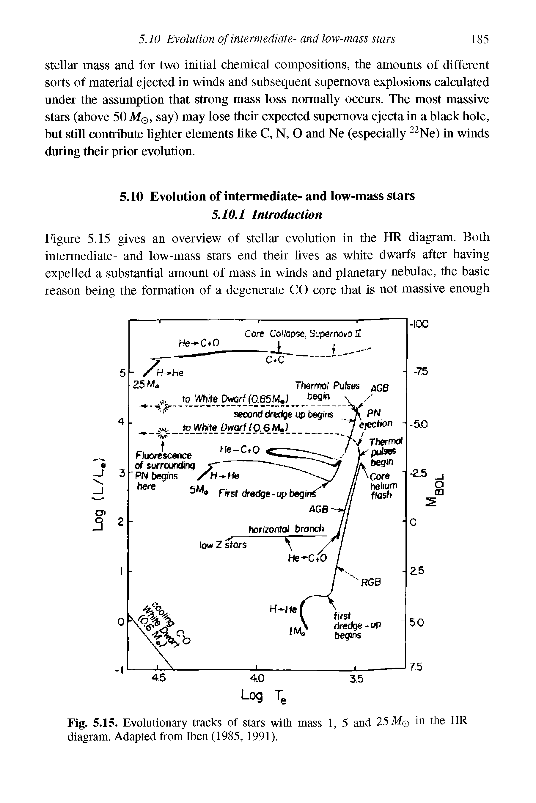 Fig. 5.15. Evolutionary tracks of stars with mass 1, 5 and 25 Mq in the HR diagram. Adapted from Iben (1985, 1991).