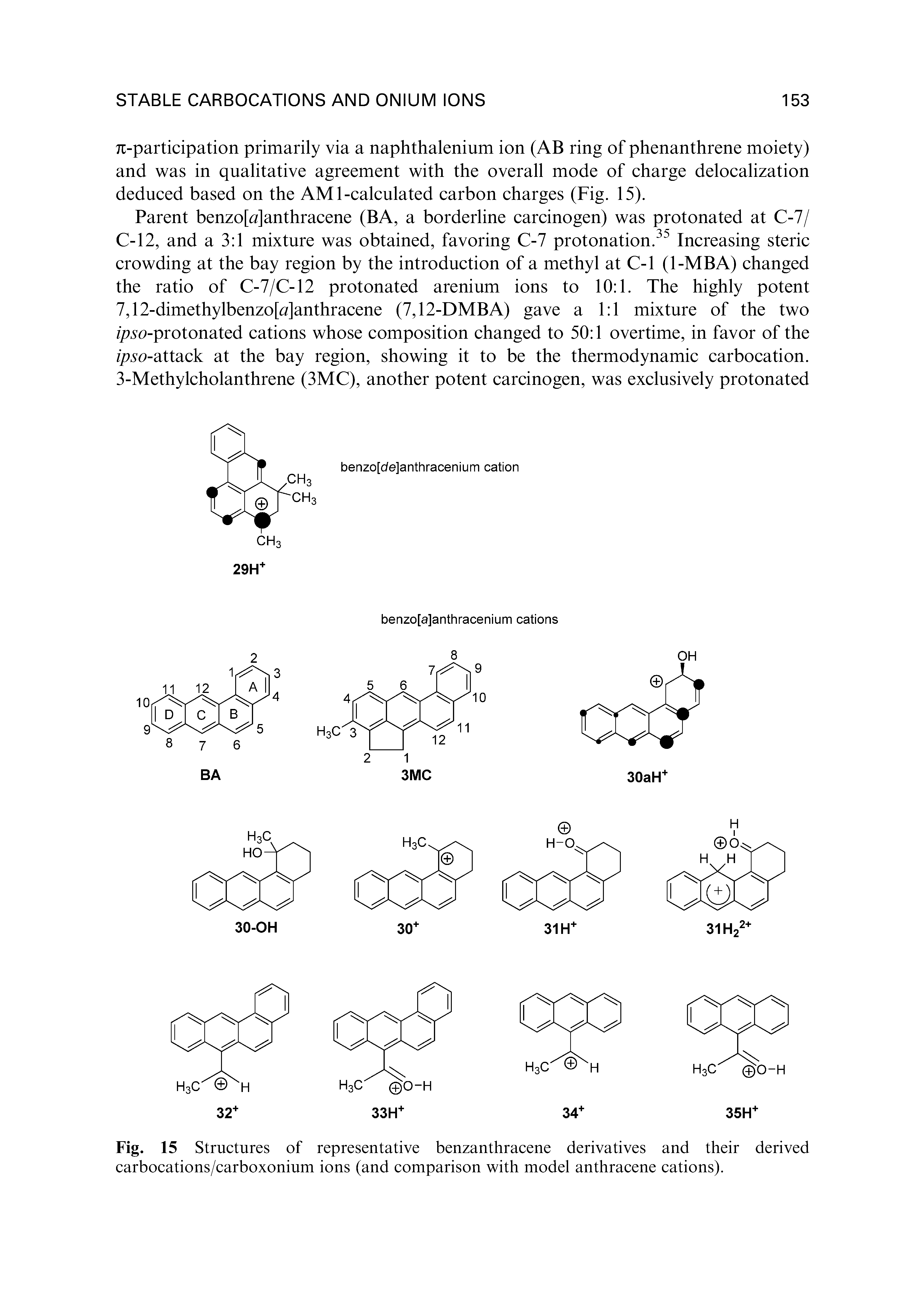 Fig. 15 Structures of representative benzanthracene derivatives and their derived carbocations/carboxonium ions (and comparison with model anthracene cations).