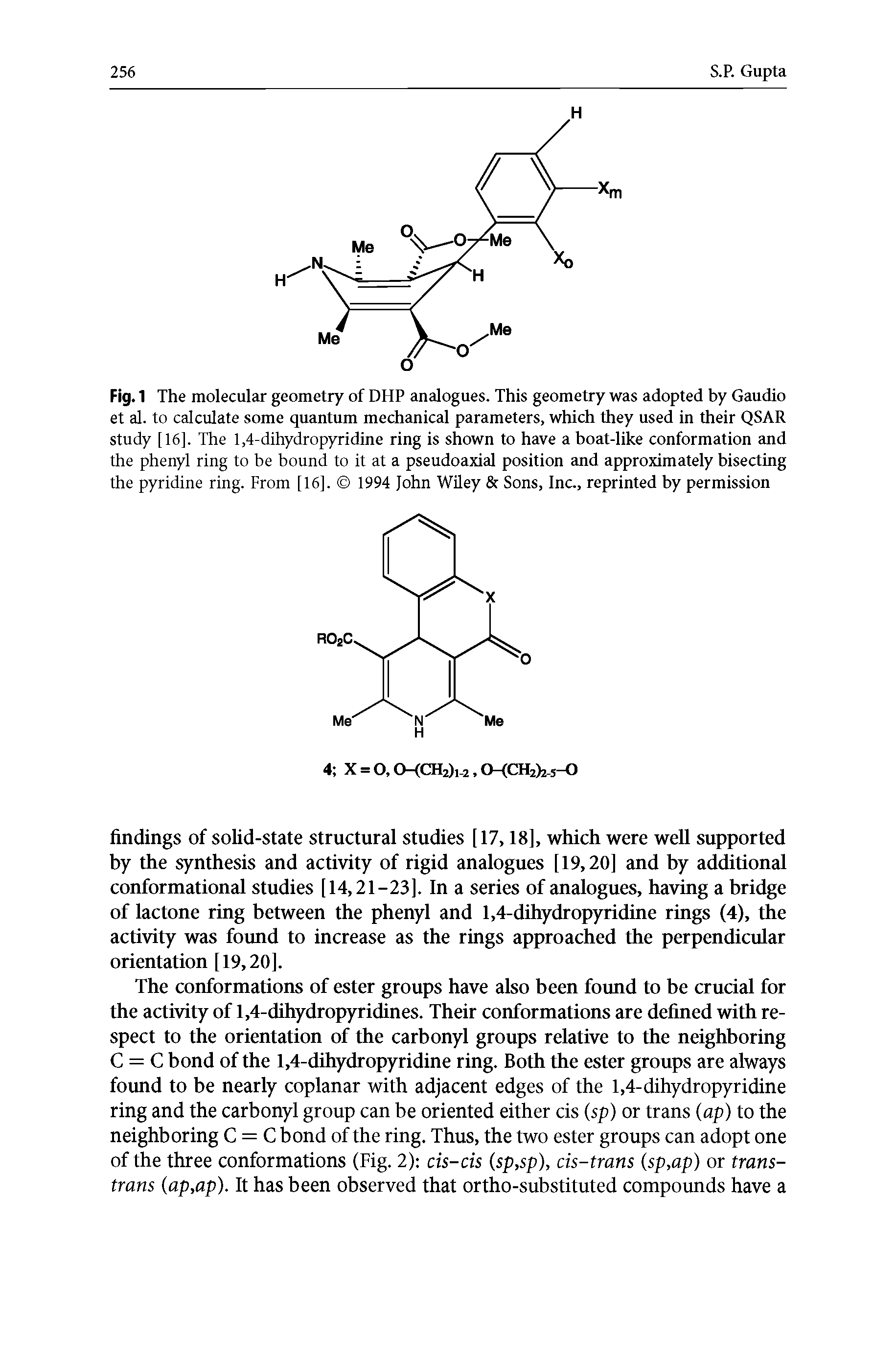Fig.1 The molecular geometry of DHP analogues. This geometry was adopted by Gaudio et al. to calculate some quantum mechanical parameters, which they used in their QSAR study [16]. The 1,4-dihydropyridine ring is shown to have a boat-like conformation and the phenyl ring to be bound to it at a pseudoaxial position and approximately bisecting the pyridine ring. From [16]. 1994 John Wiley Sons, Inc., reprinted by permission...