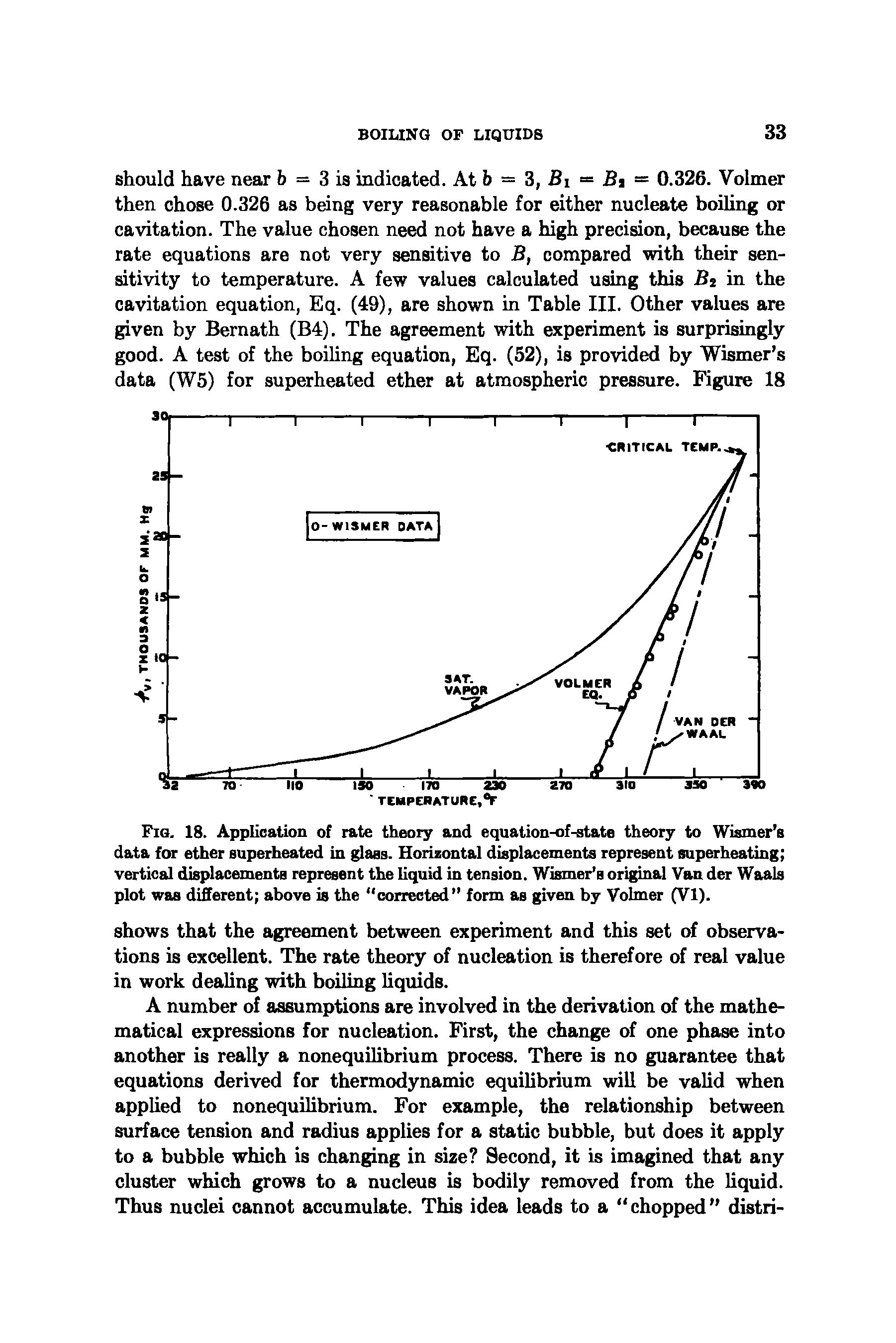 Fig. 18. Application of rate theory and equation-of-state theory to Wismer s data for ether superheated in glass. Horizontal displacements represent superheating vertical displacements represent the liquid in tension. Wismer s original Van der Waals plot was different above is the corrected form as given by Volmer (VI).