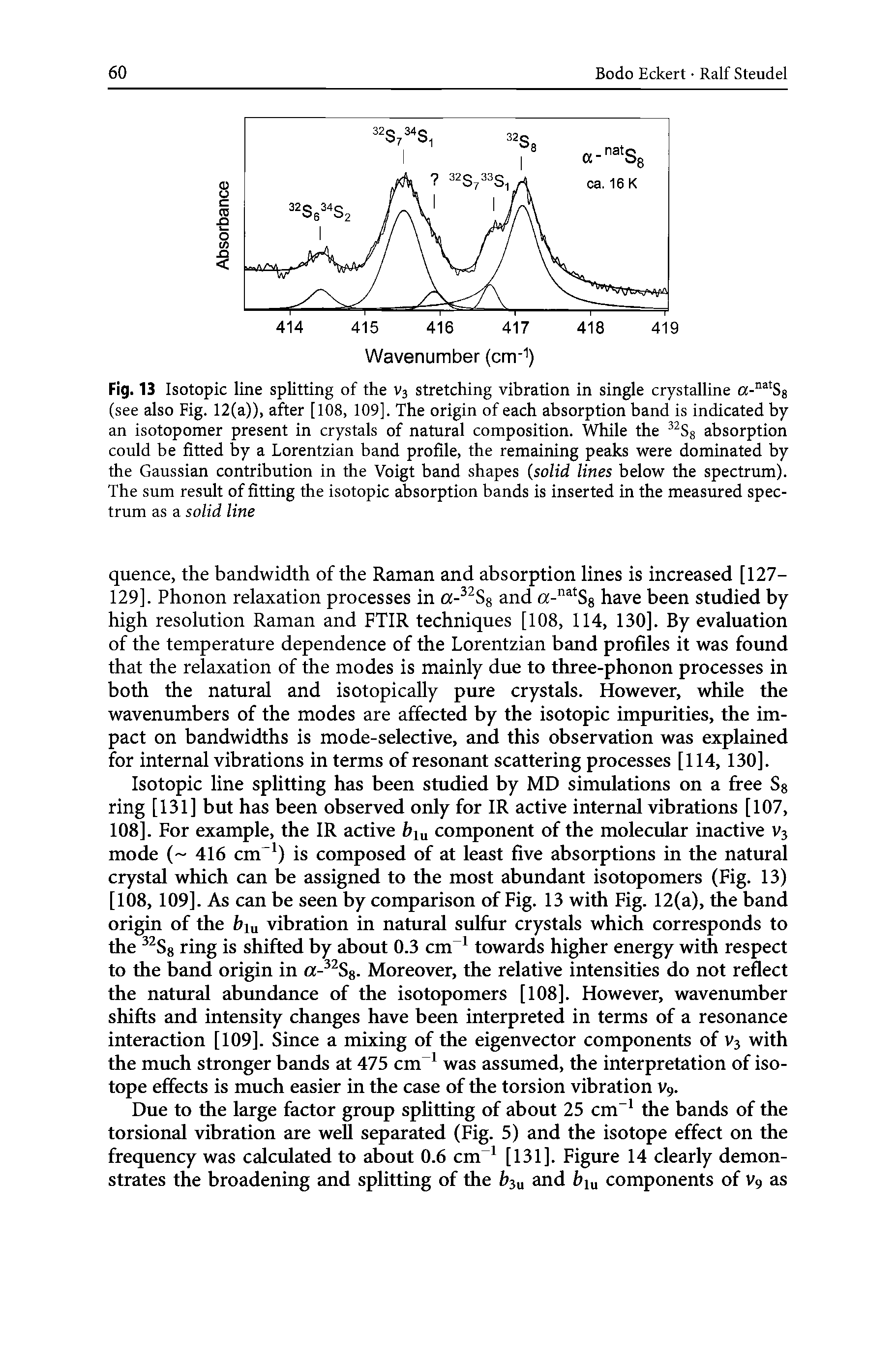 Fig. 13 Isotopic line splitting of the V3 stretching vibration in single crystalline (see also Fig. 12(a)), after [108, 109], The origin of each absorption band is indicated by an isotopomer present in crystals of natural composition. While the absorption could be fitted by a Lorentzian band profile, the remaining peaks were dominated by the Gaussian contribution in the Voigt band shapes (solid lines below the spectrum). The sum result of fitting the isotopic absorption bands is inserted in the measured spectrum as a solid line...