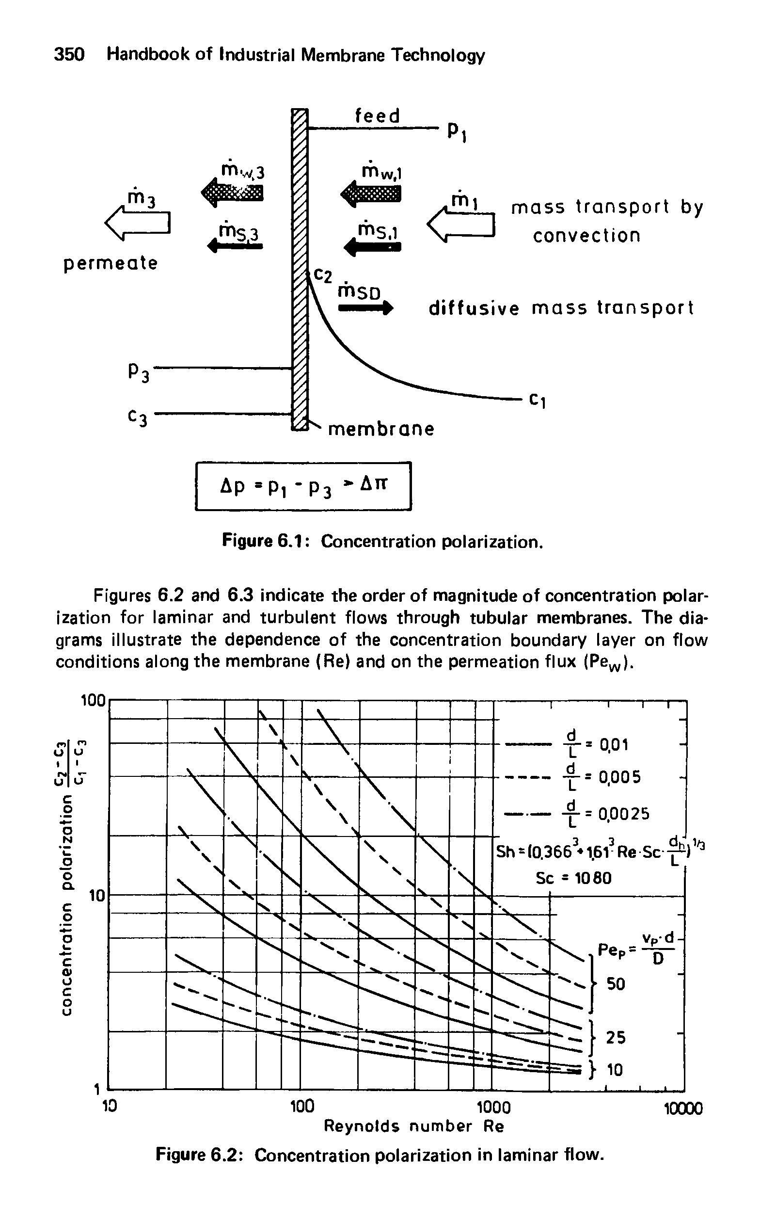 Figures 6.2 and 6.3 indicate the order of magnitude of concentration polarization for laminar and turbulent flows through tubular membranes. The diagrams illustrate the dependence of the concentration boundary layer on flow conditions along the membrane (Re) and on the permeation flux (Pew).