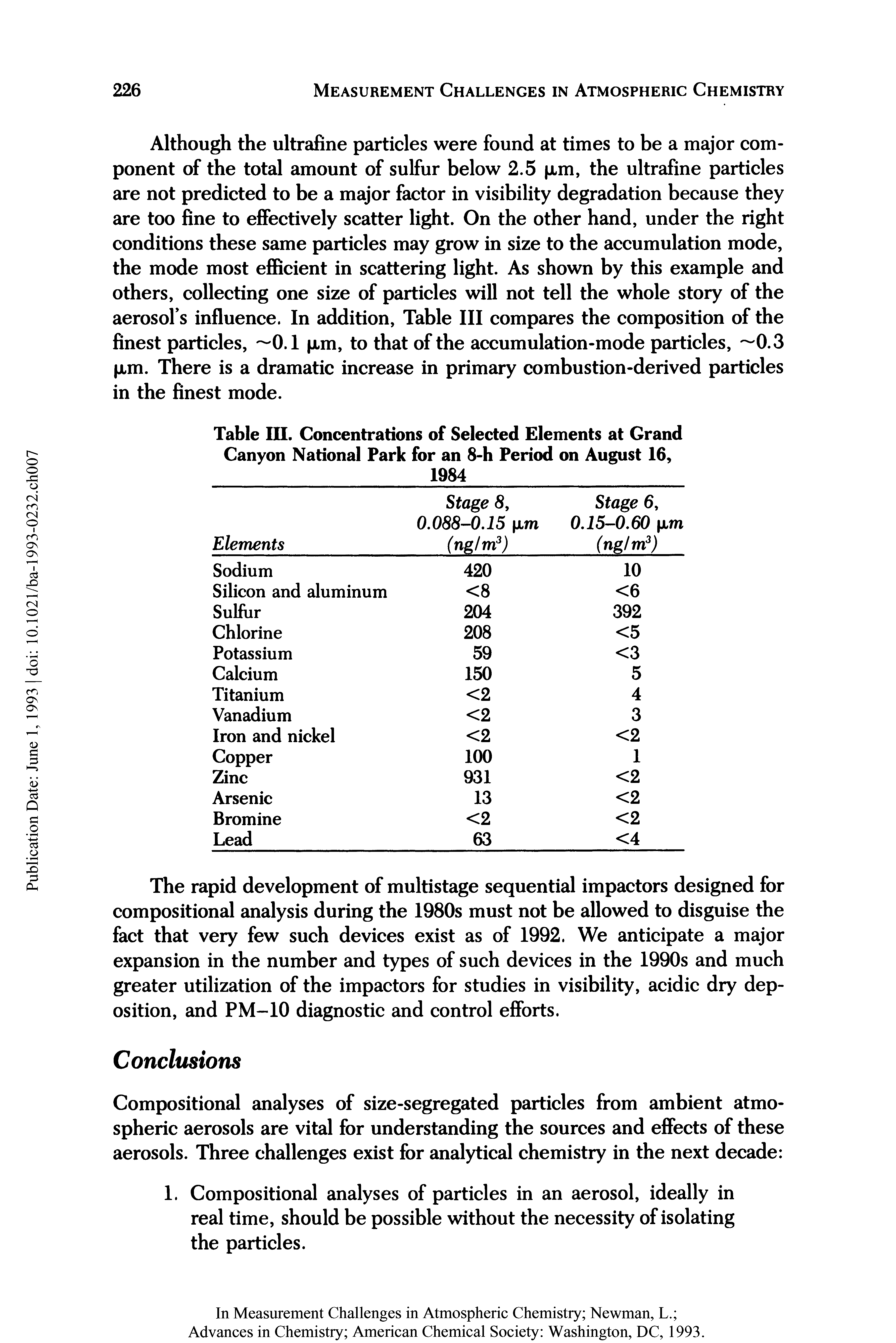 Table III. Concentrations of Selected Elements at Grand Canyon National Park for an 8-h Period on August 16, 1984...